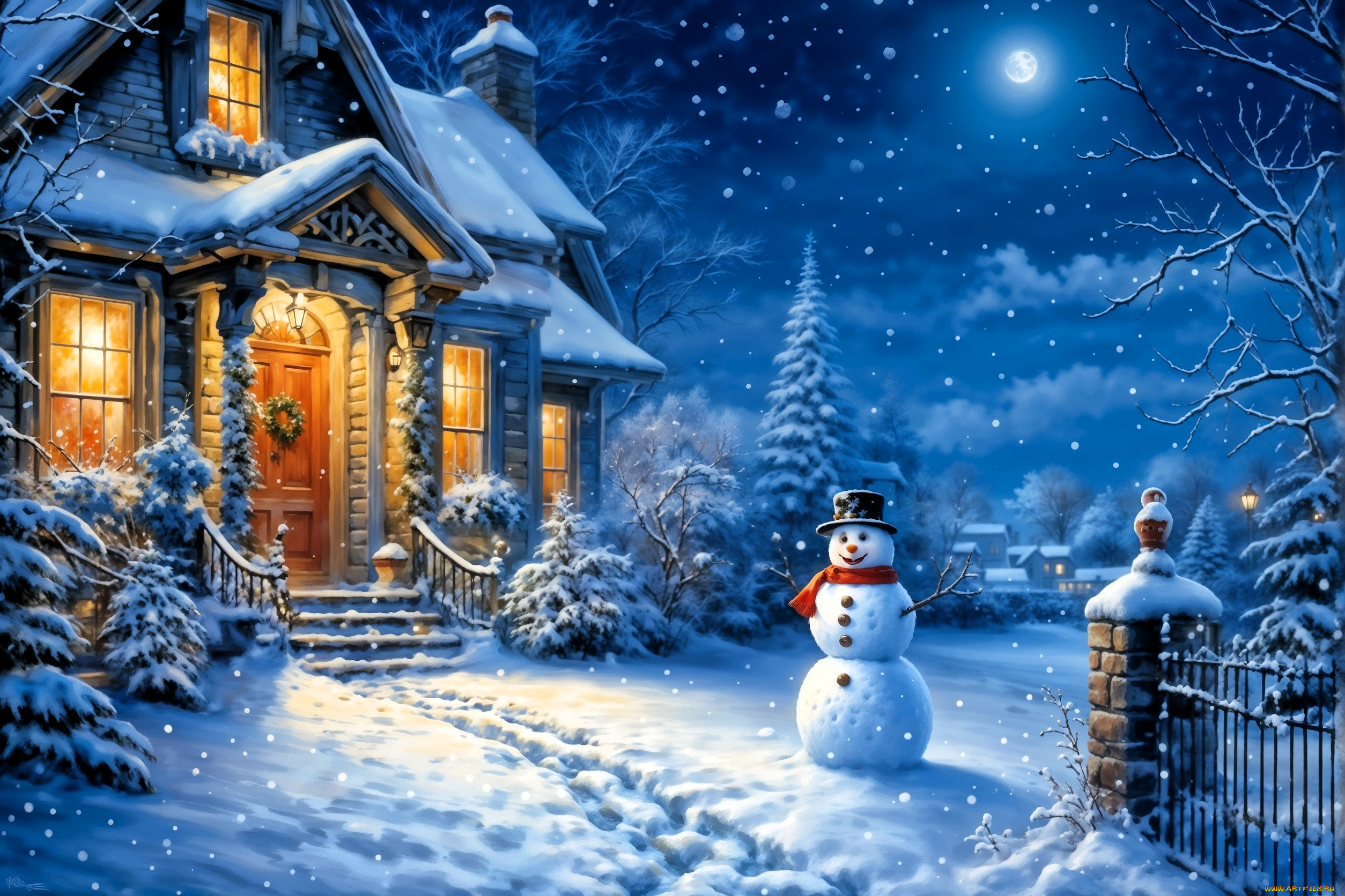 рисованное, праздники, рождество, дом, зима, снег, следы, снеговик, деревья