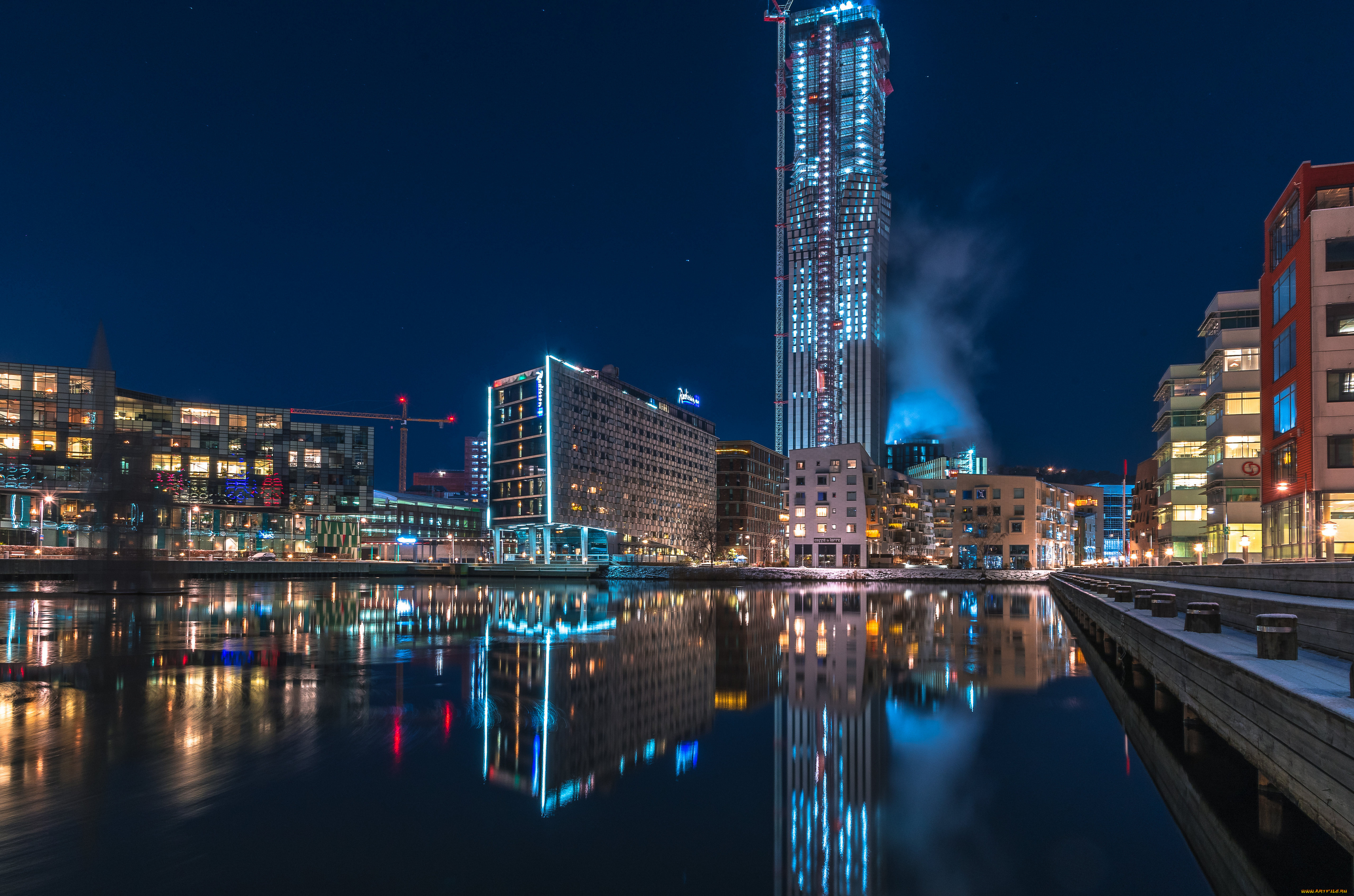 города, -, огни, ночного, города, швеция, дома, реки, гетеборг, ночь, башeнный, кран, отражение