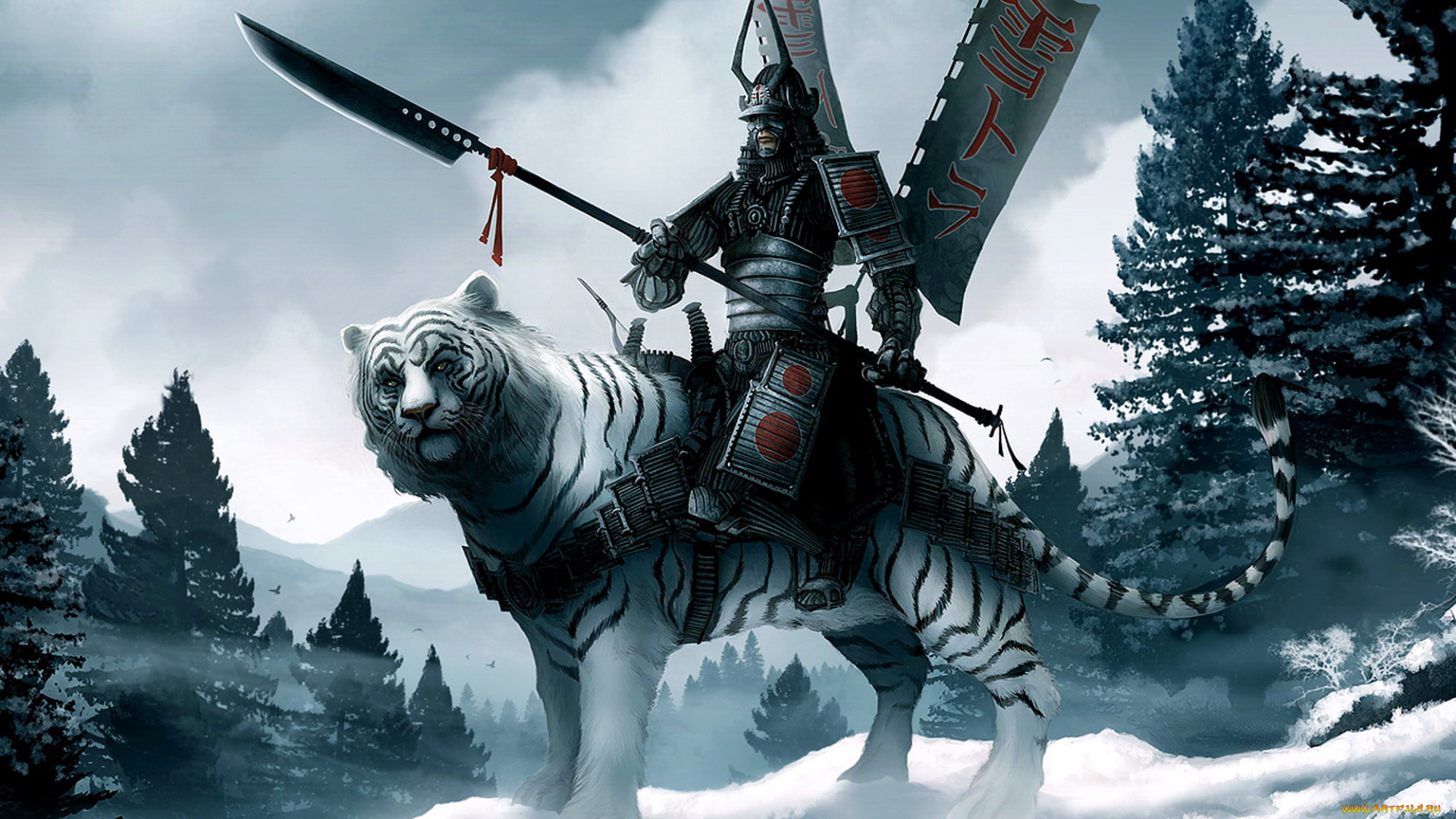 клан, белого, тигра, фэнтези, всадники, наездники