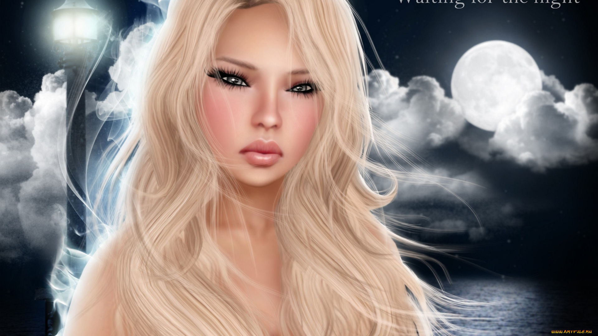 3д, графика, portraits, портрет, блондинка, волосы, фонарь, луна