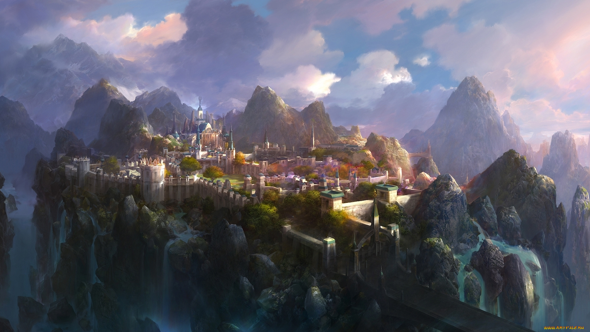 фэнтези, иные, миры, , иные, времена, иной, мир, город, скалы, горы, водопады, мост