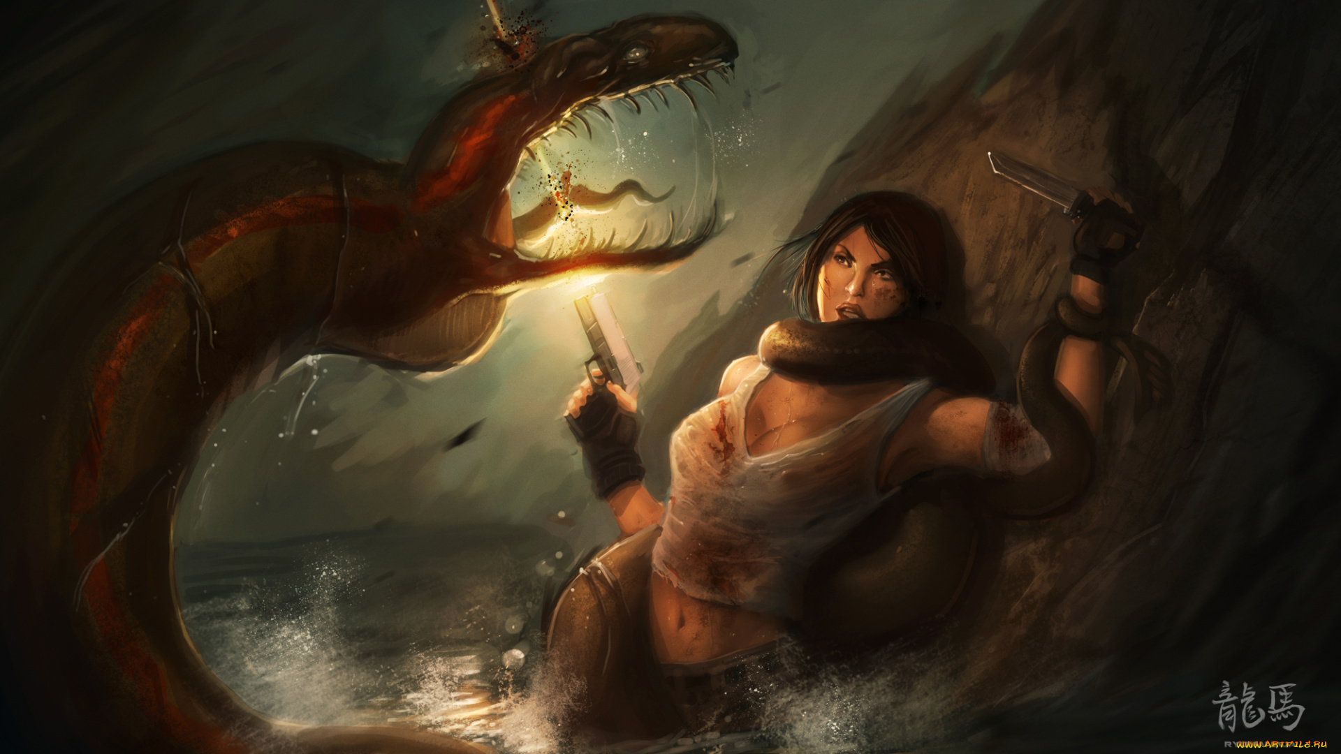 фэнтези, красавицы, и, чудовища, девушка, монстр, схватка, пистолет, нож, море