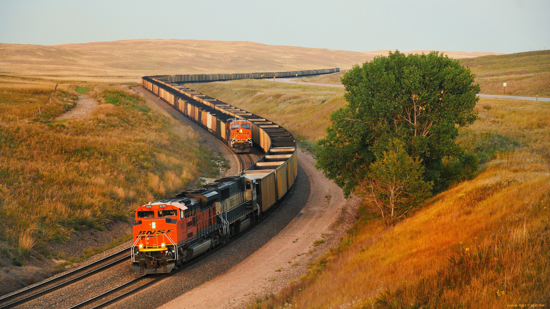 техника, поезда, холмы, небо, состав, поезд, дорога, осень, дерево