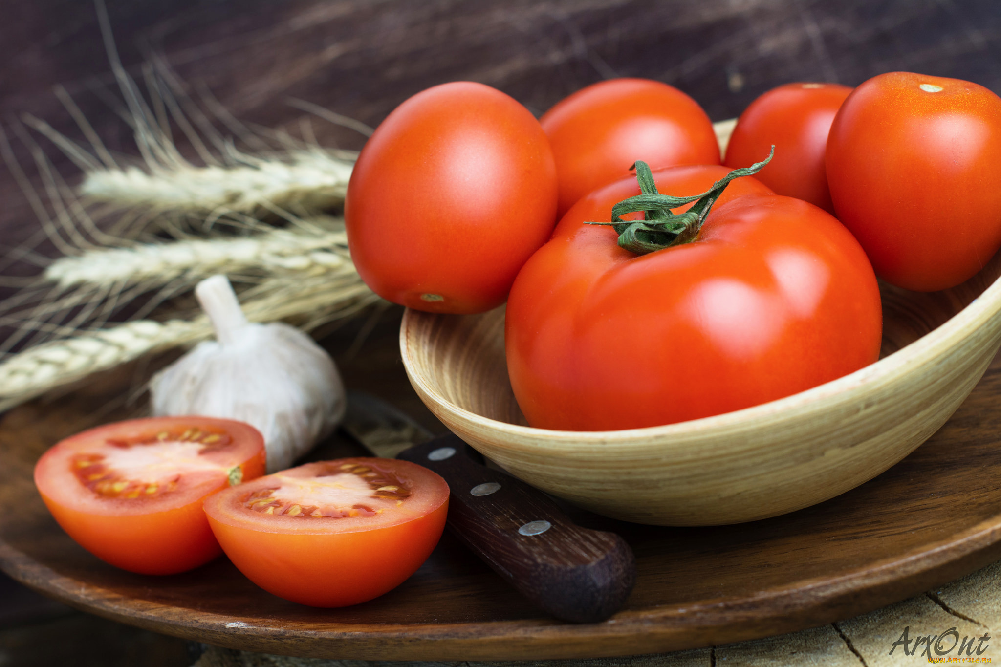 еда, помидоры, чеснок, колоски