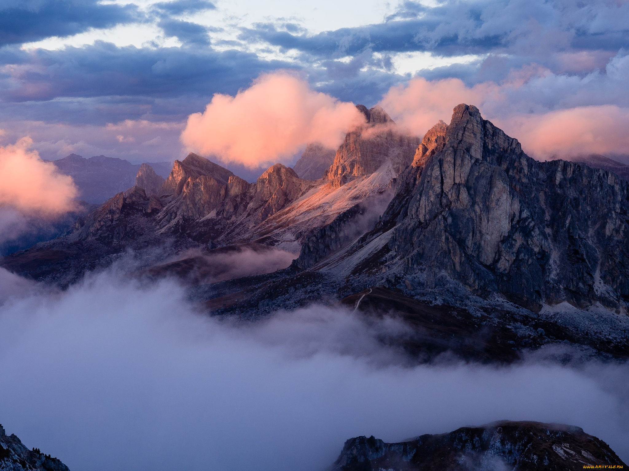 природа, горы, облака, закат, пейзаж