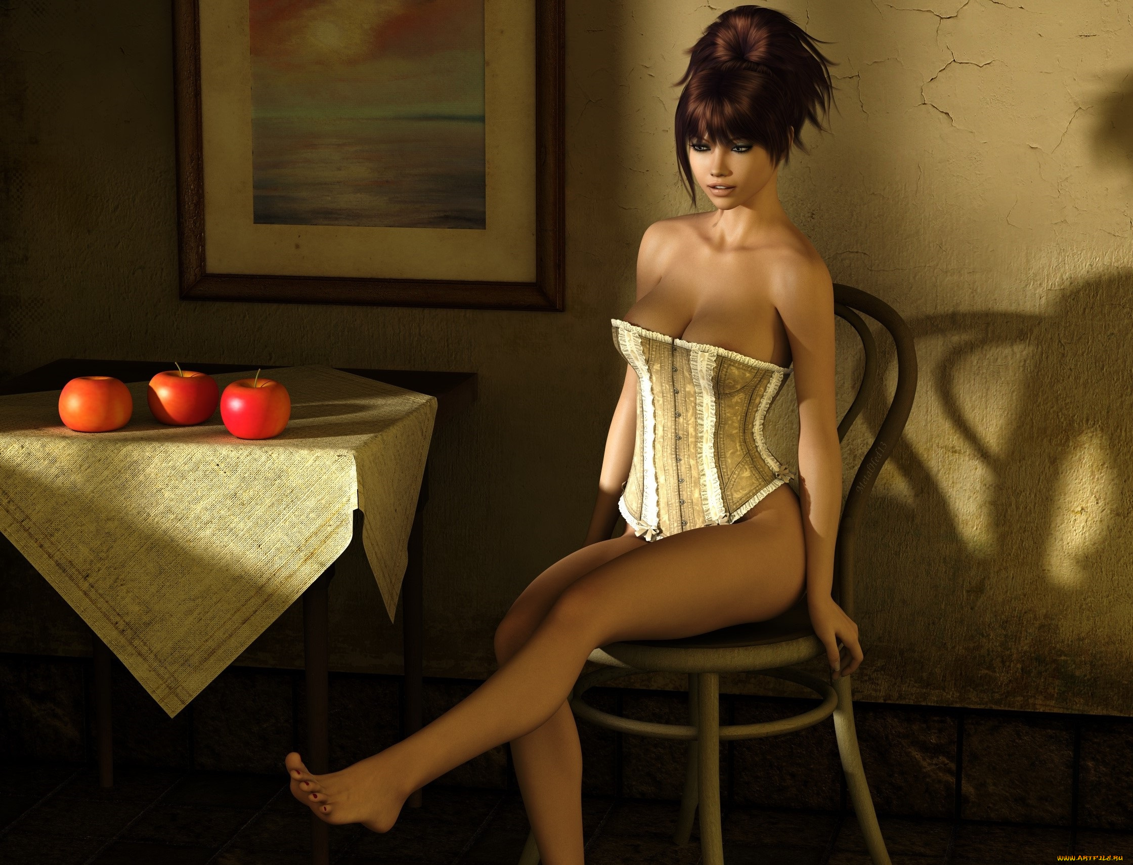 3д, графика, люди, , people, яьлоки, стол, взгляд, девушка, фон