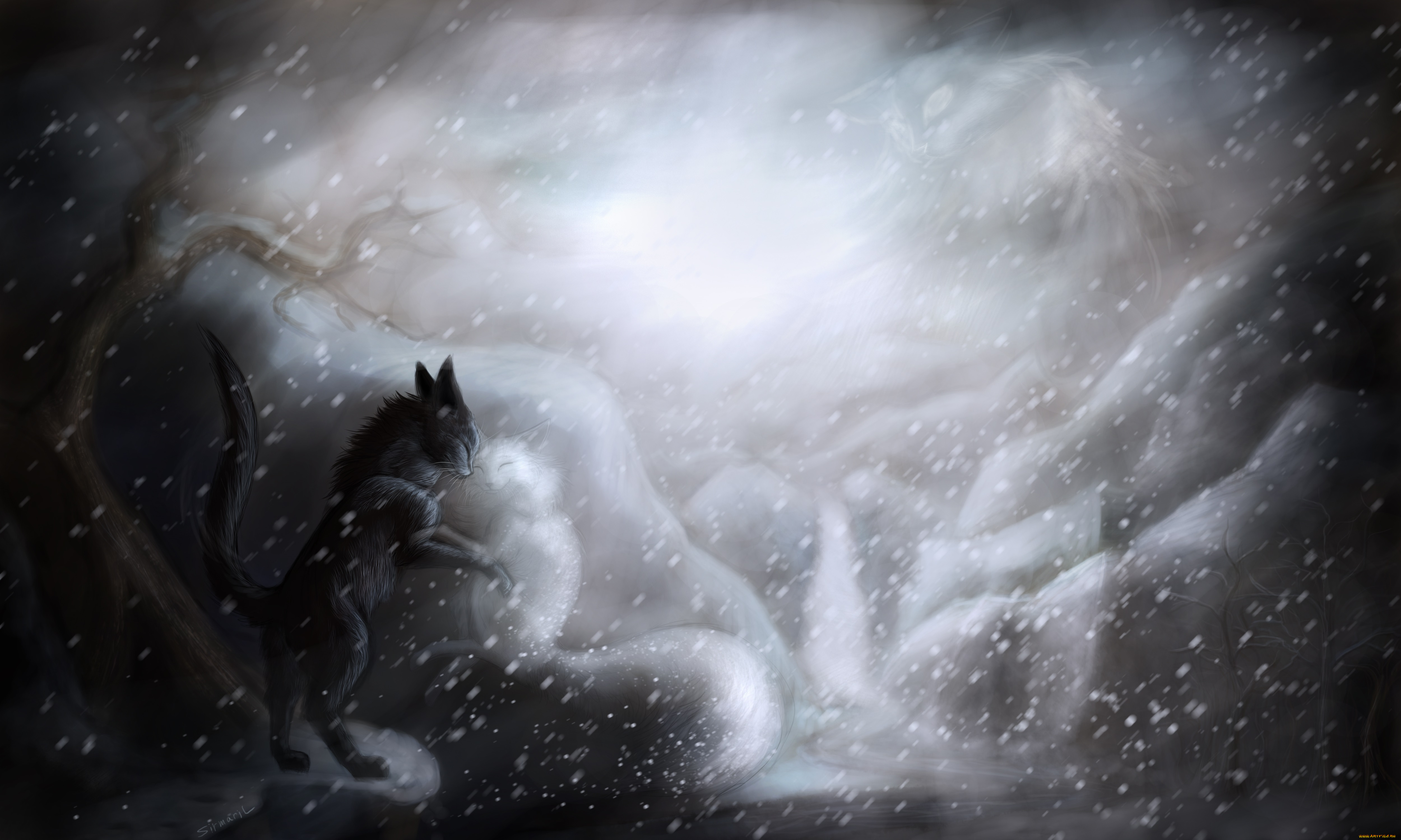 рисованное, животные, , коты, кошка, снег, кот