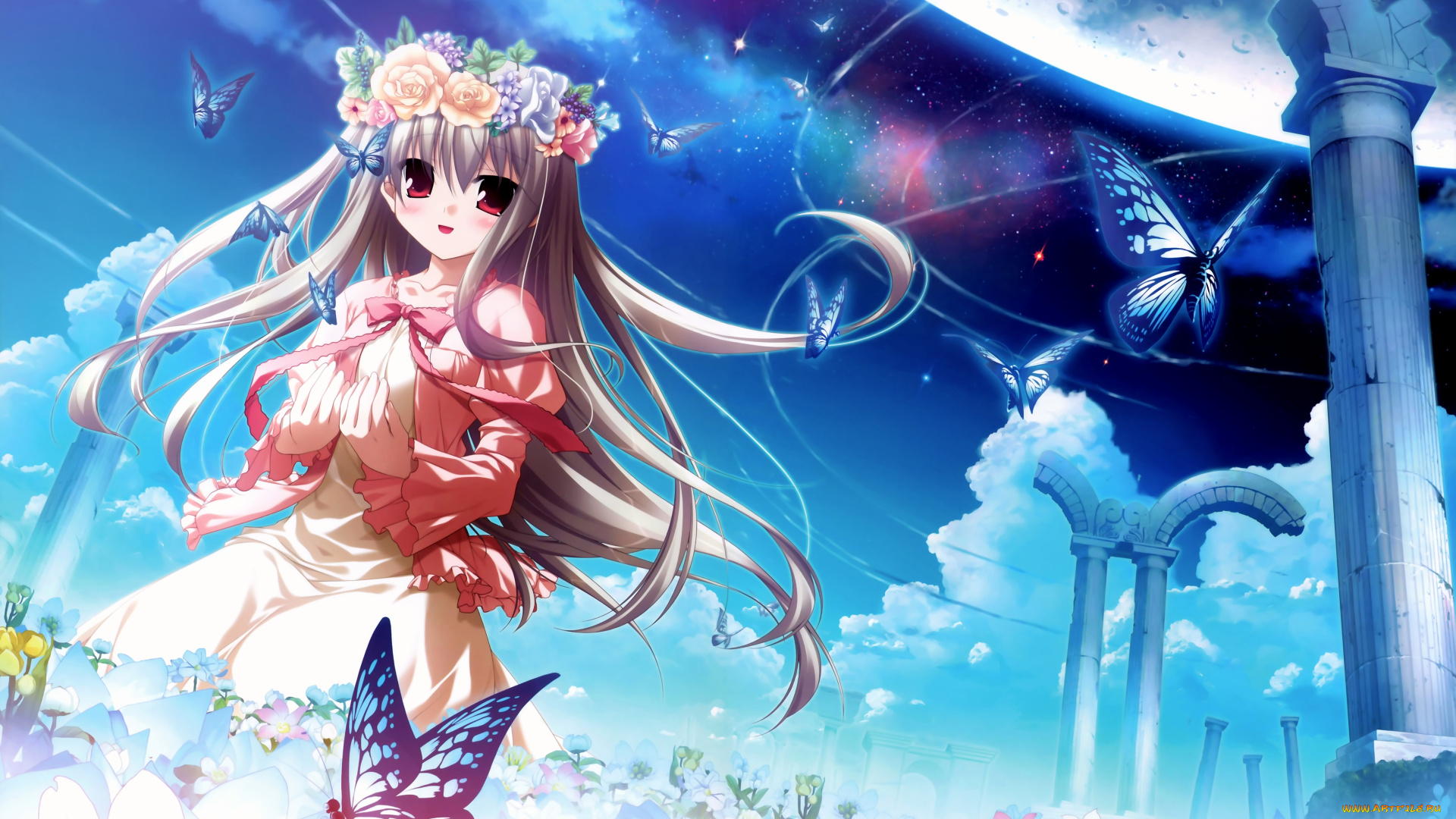 аниме, unknown, , другое, девушка, взгляд, фон, венок, бабочки