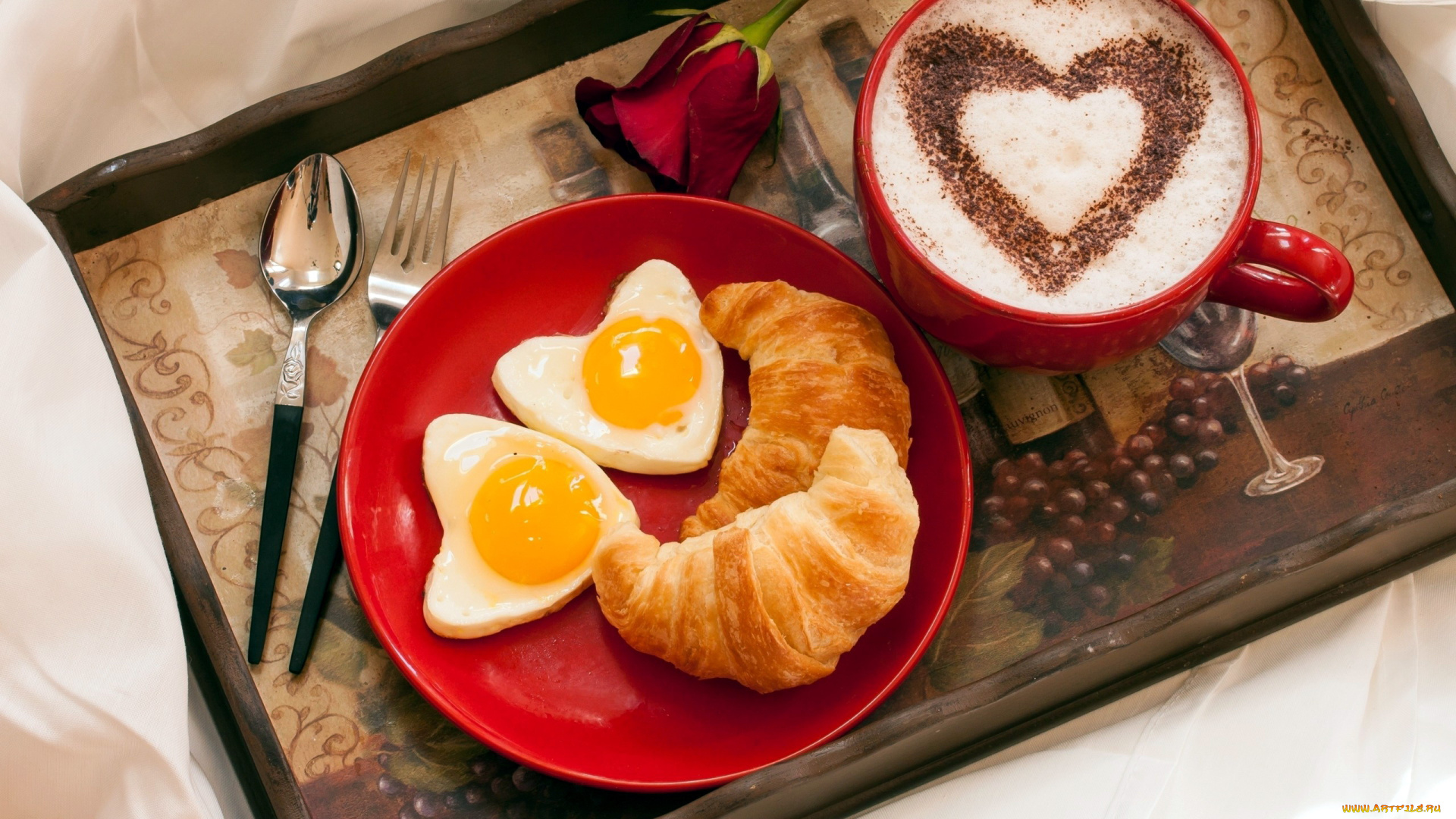 еда, разное, яйца, круассаны, роза, кофе
