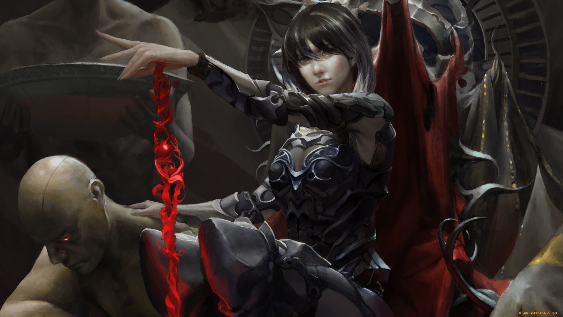 фэнтези, девушки, демоница, арт, взгляд, трон, слуги