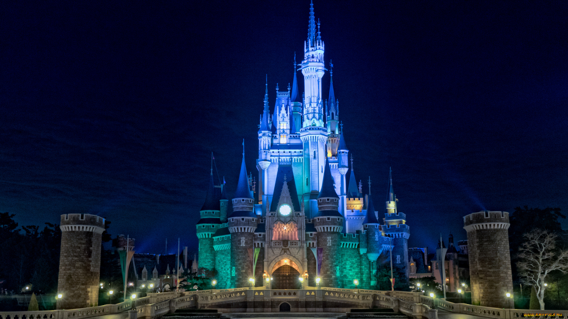 города, диснейленд, огни, ночь, замок