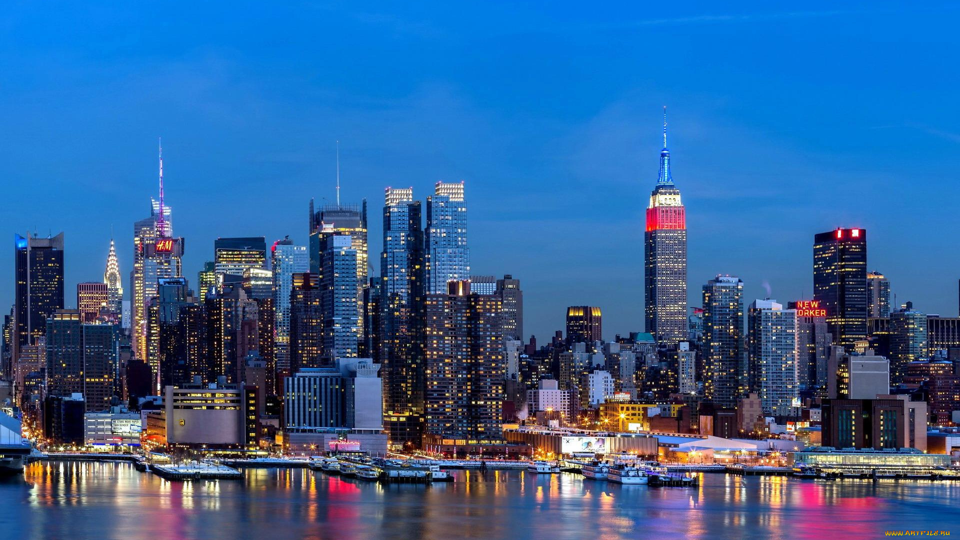 города, нью-йорк, , сша, город, огни, река, панорама, здания, дома