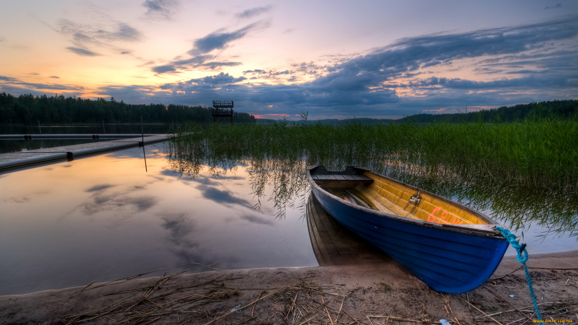 корабли, лодки, , шлюпки, небо, облака, вечер, река, деревья, лодка