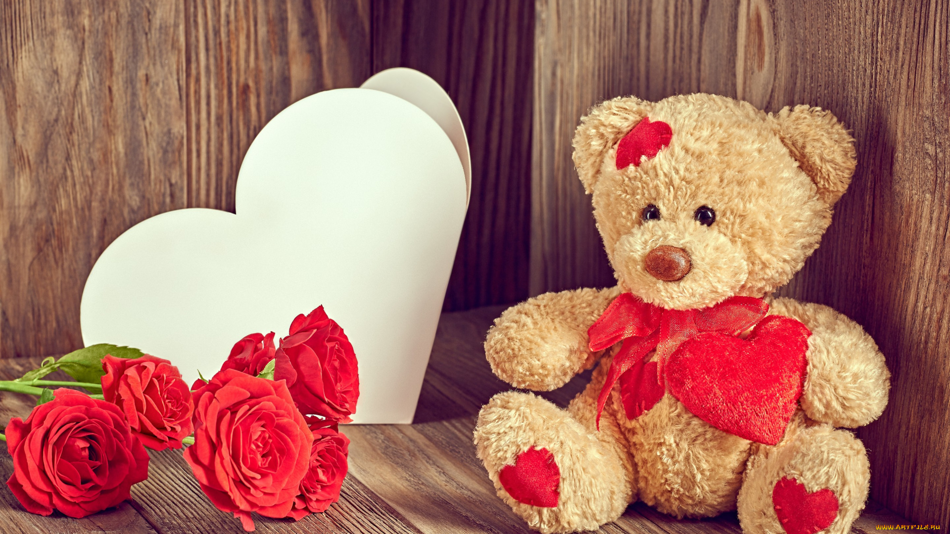 праздничные, день, святого, валентина, , сердечки, , любовь, valentine's, day, love, heart, romantic, roses, teddy, bear, любовь, розы, цветы, мишка