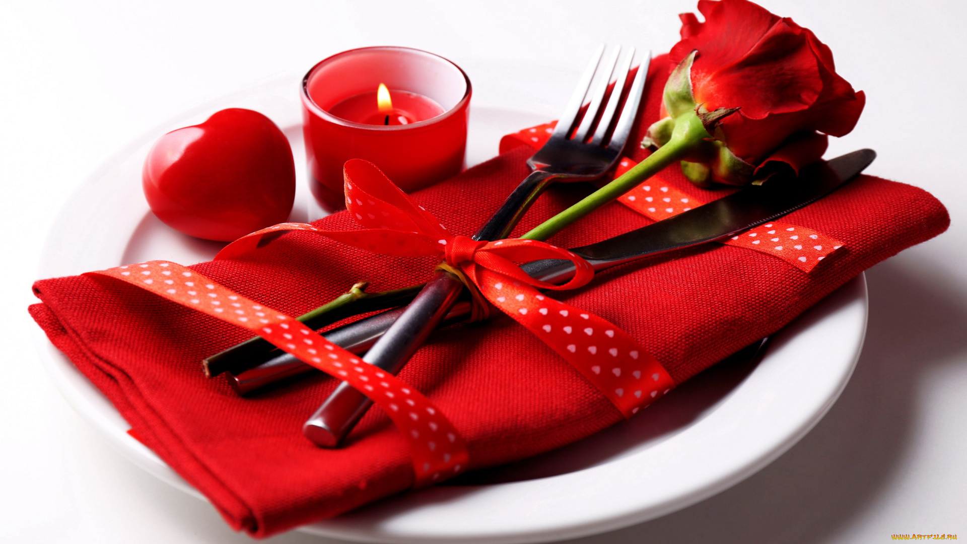 разное, посуда, , столовые, приборы, , кухонная, утварь, салфетка, роза, свеча, сердечко, лента, красный