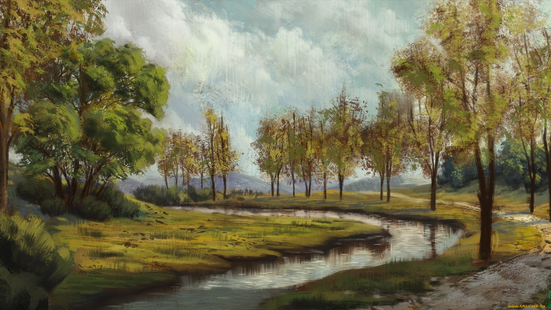 рисованное, природа, пейзаж, река, деревья, облака