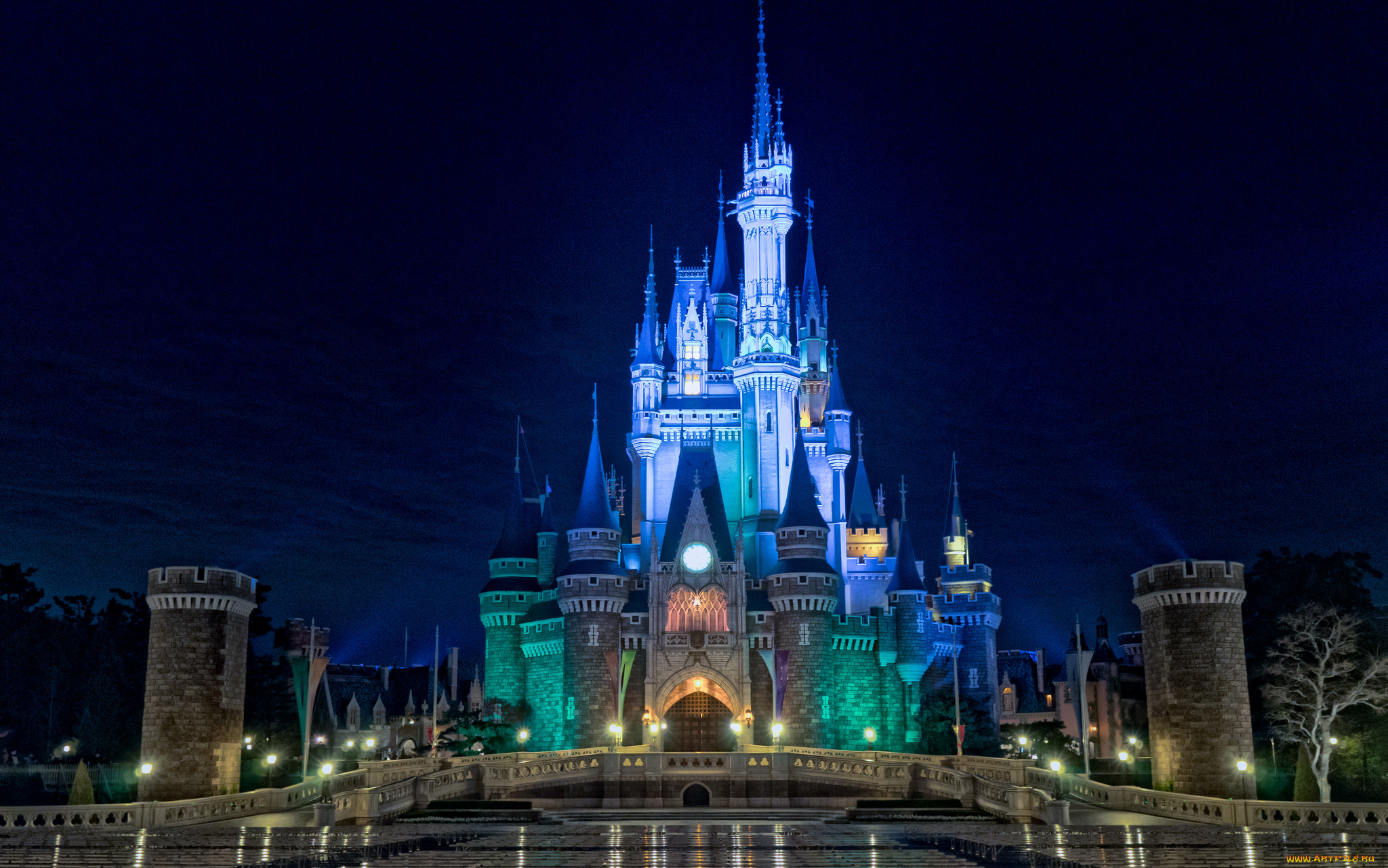 города, диснейленд, огни, ночь, замок