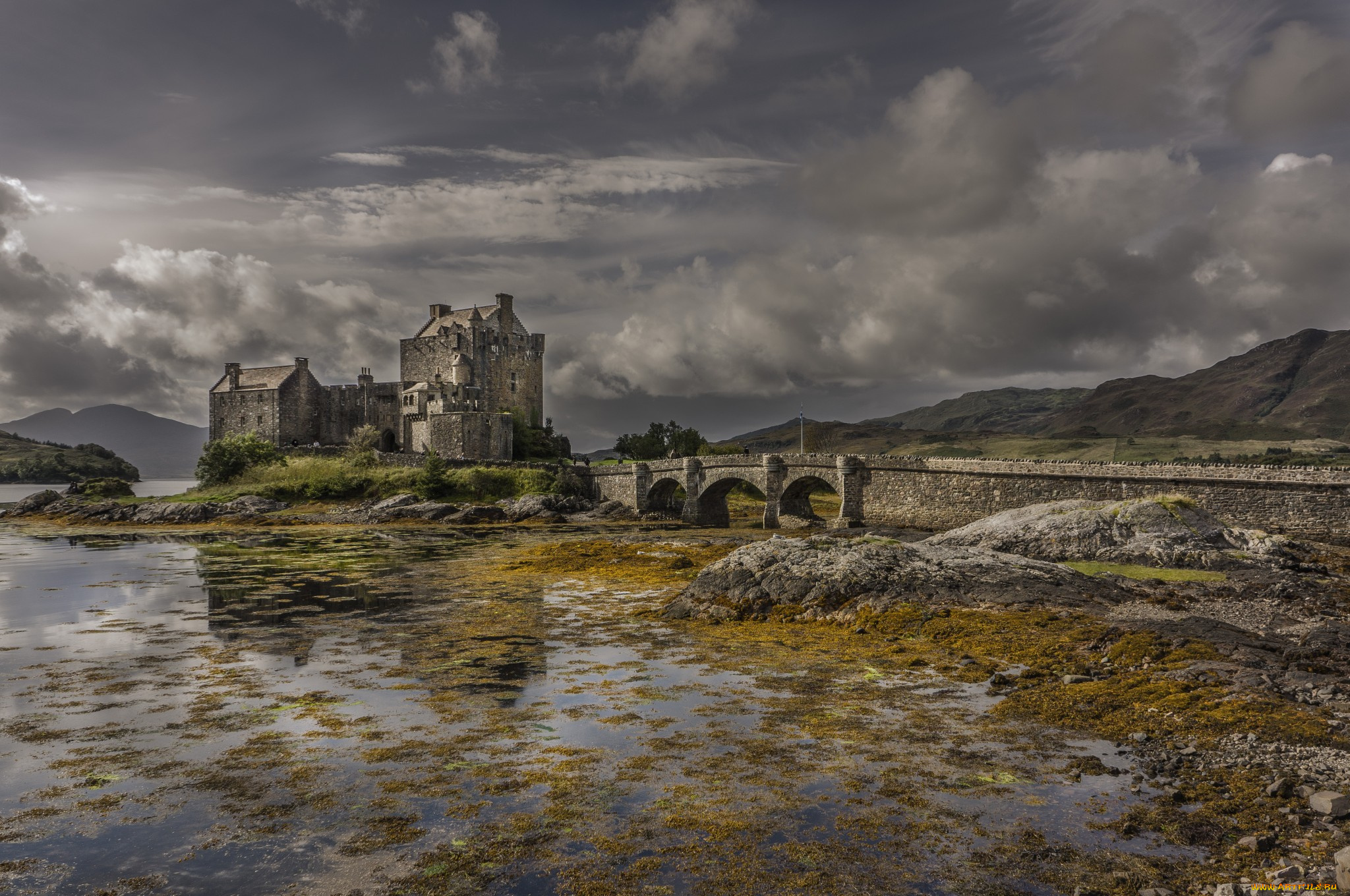 eilean, donan, castle, города, замок, эйлен-донан, , шотландия, мост, озеро, горы, замок