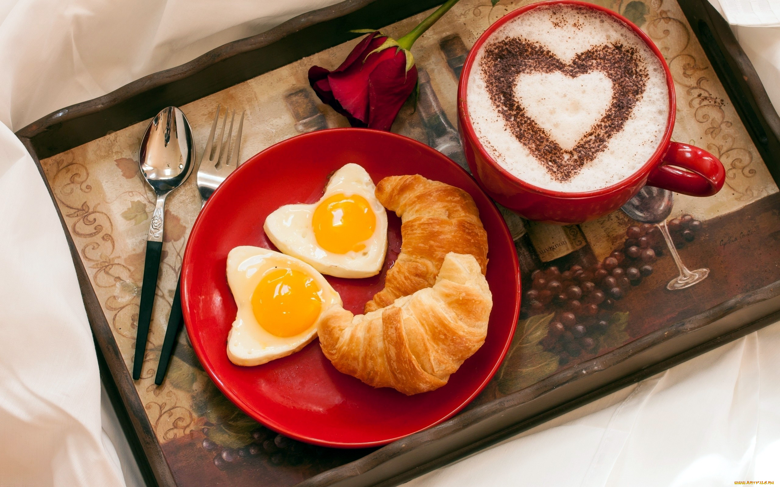 еда, разное, яйца, круассаны, роза, кофе