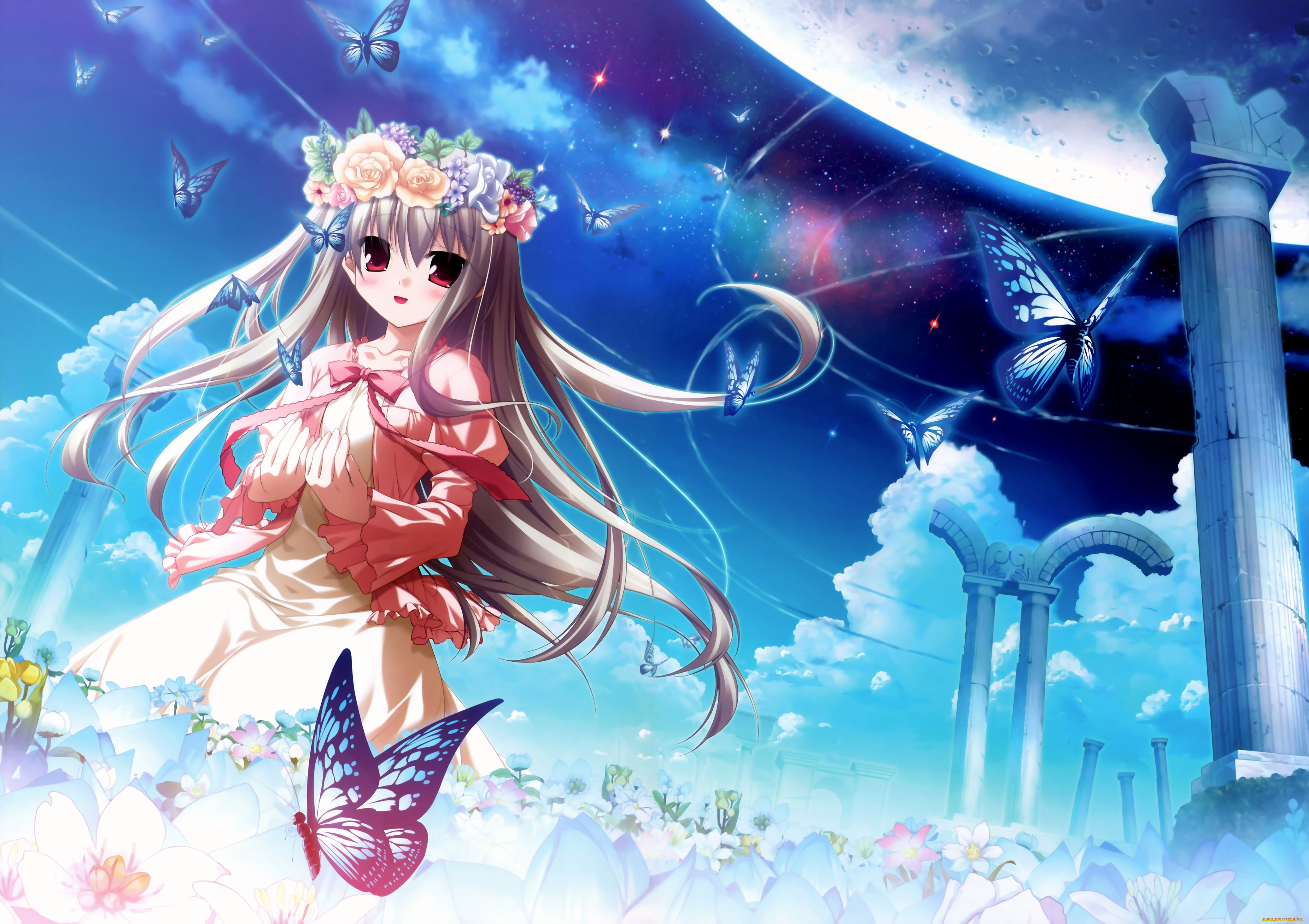 аниме, unknown, , другое, девушка, взгляд, фон, венок, бабочки