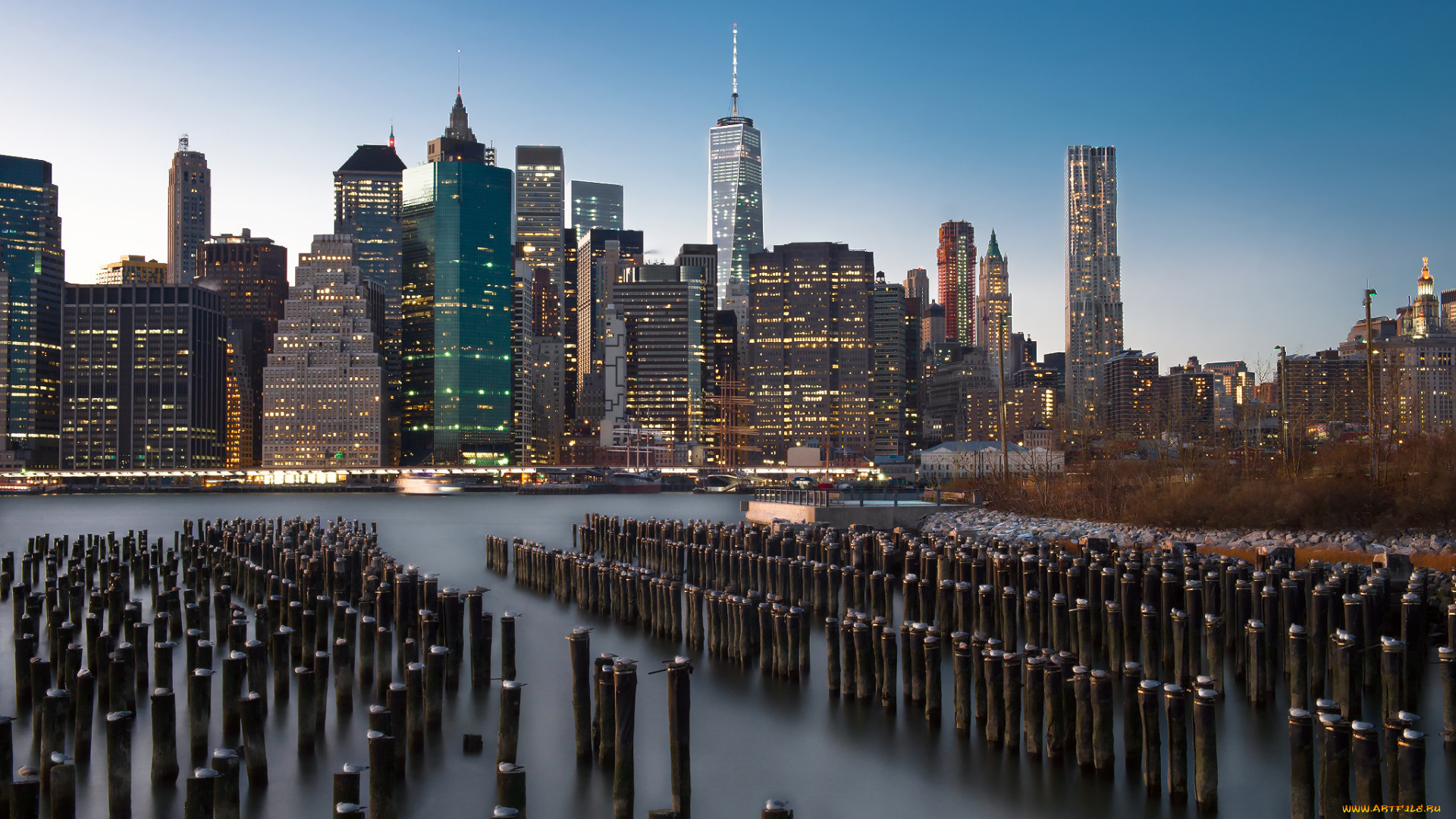 города, нью-йорк, , сша, здания, чайки, река, птицы, огни, нижний, манхэттен, город, ист-ривер, нью-йорк, опоры, небоскребы