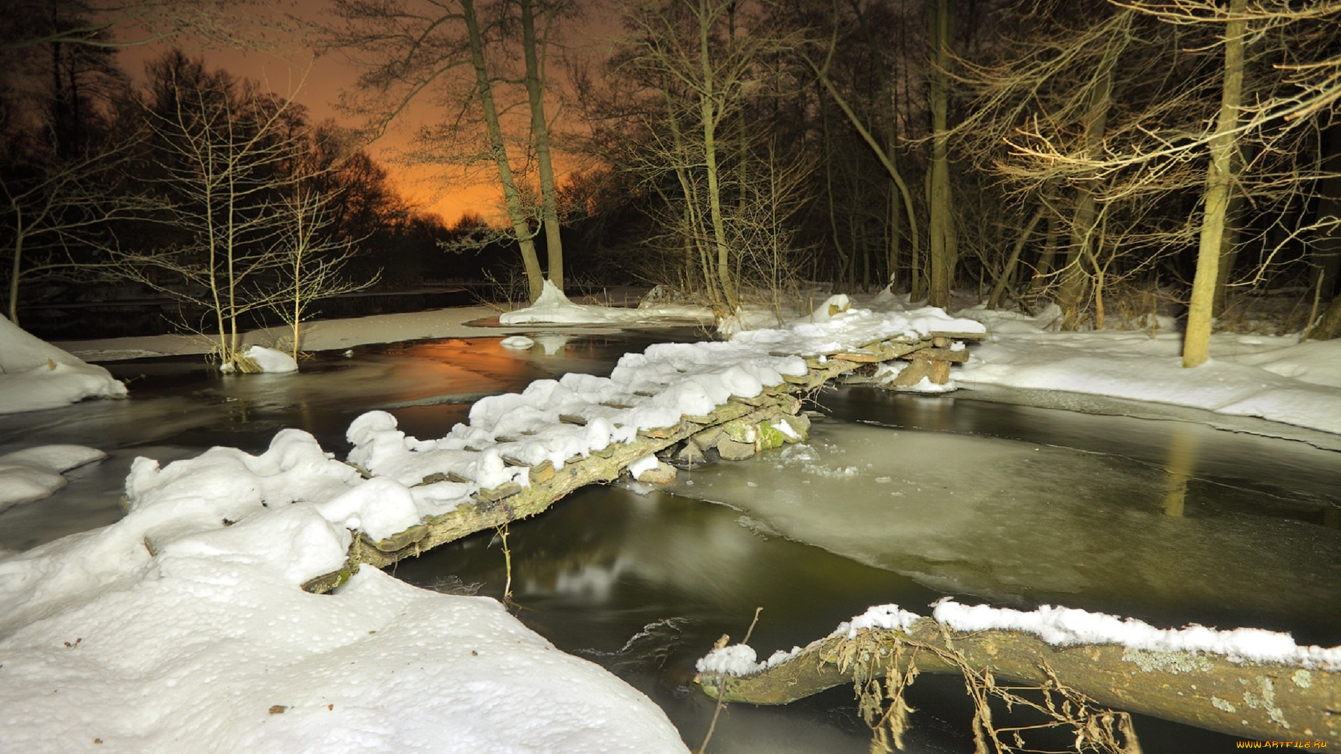 природа, реки, озера, зима, снег, мостик, река, лес, сумерки, михаил, псарёв