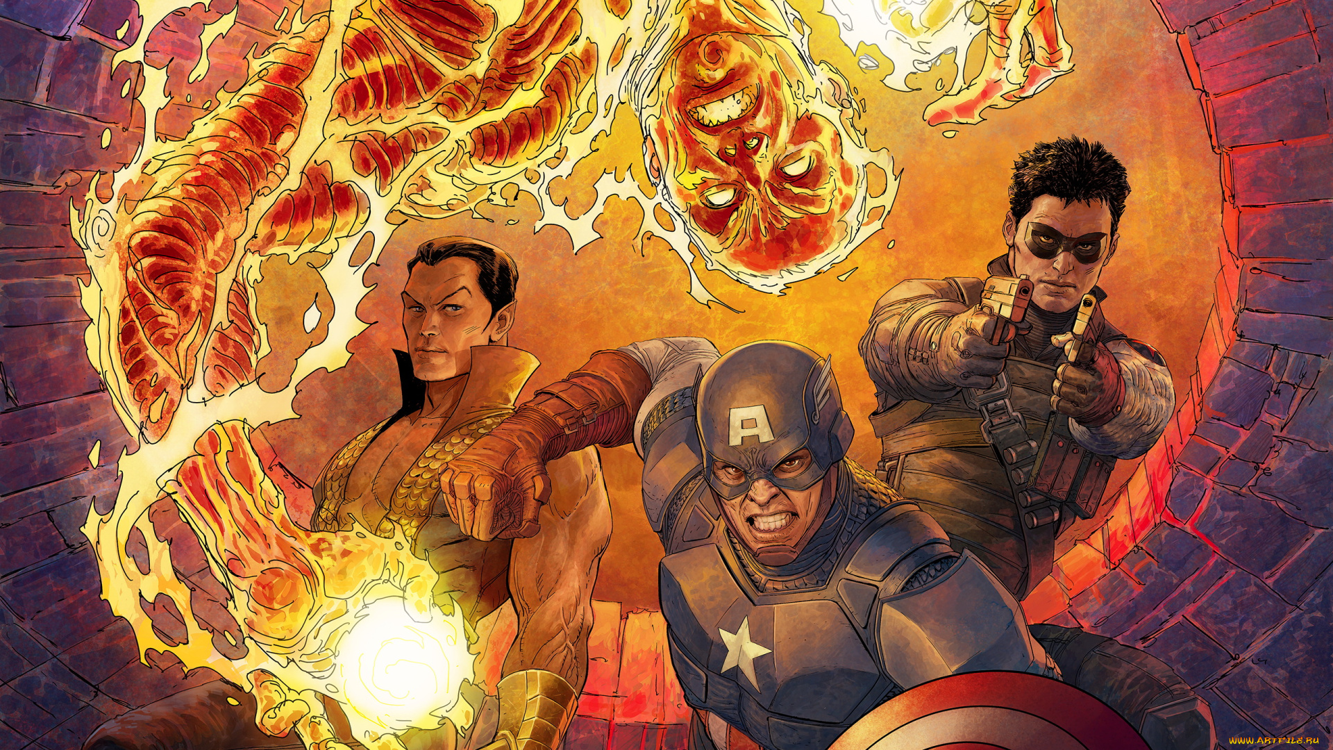 рисованное, комиксы, униформа, оружие, взгляд, фон, мужчины