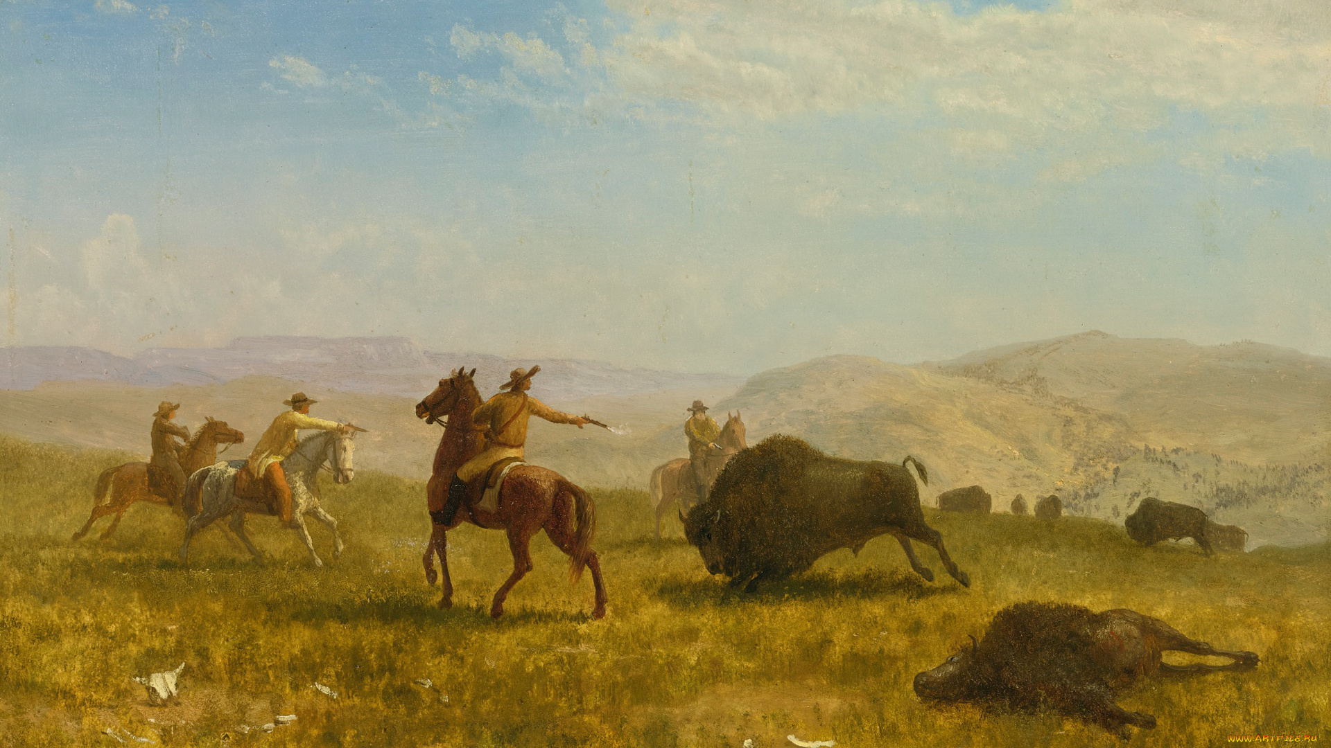 рисованное, живопись, альберт, бирштадт, дикий, запад, ковбой, охота, картина, бизон