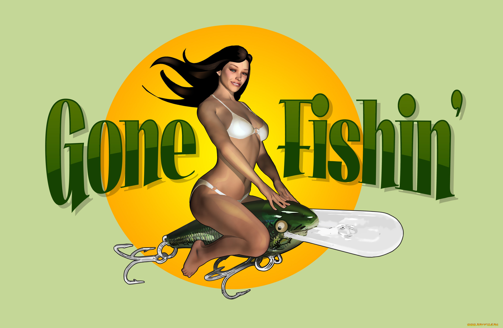 рисованное, люди, взгляд, купальник, улыбка, блесна, фон, девушка