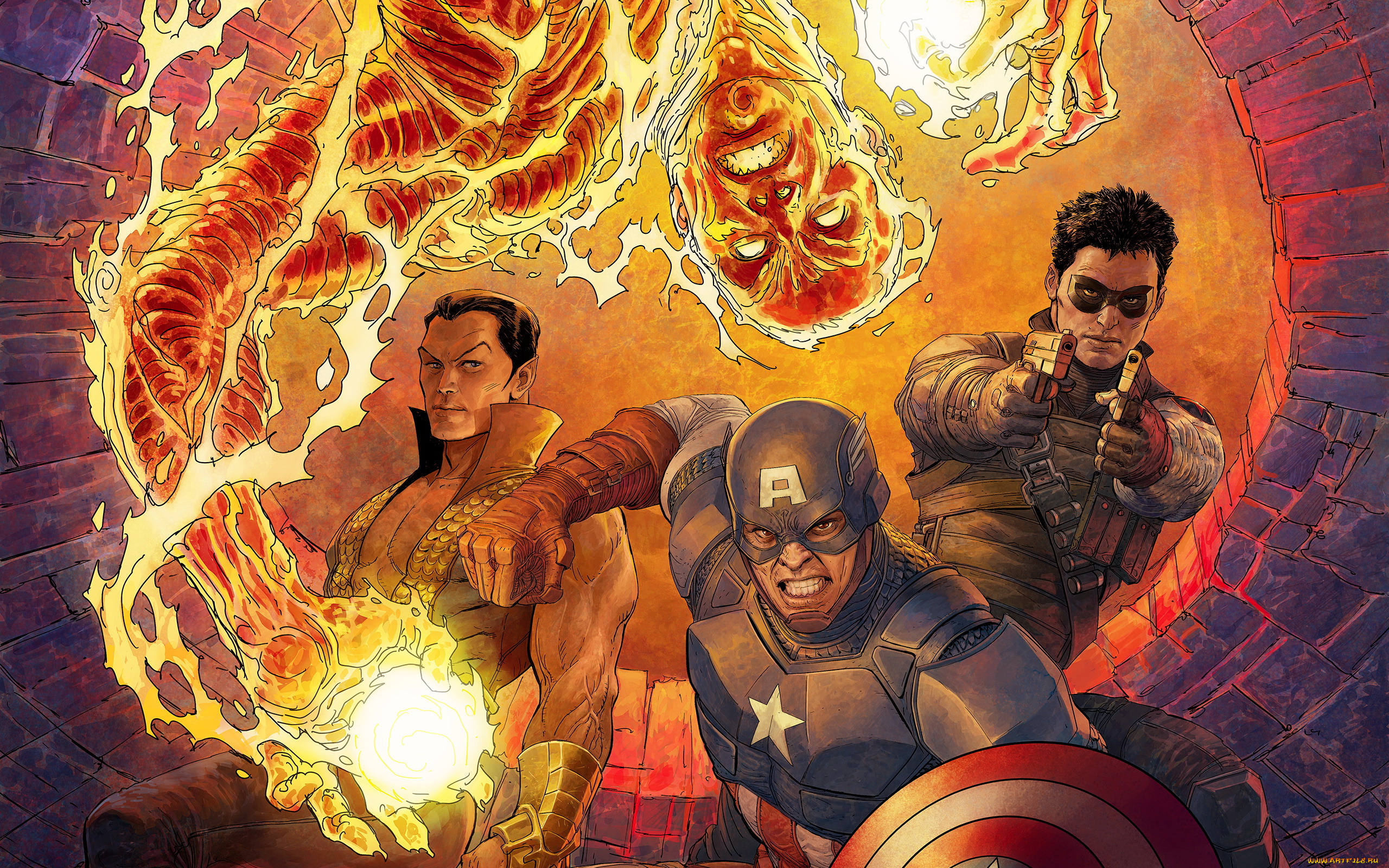 рисованное, комиксы, униформа, оружие, взгляд, фон, мужчины