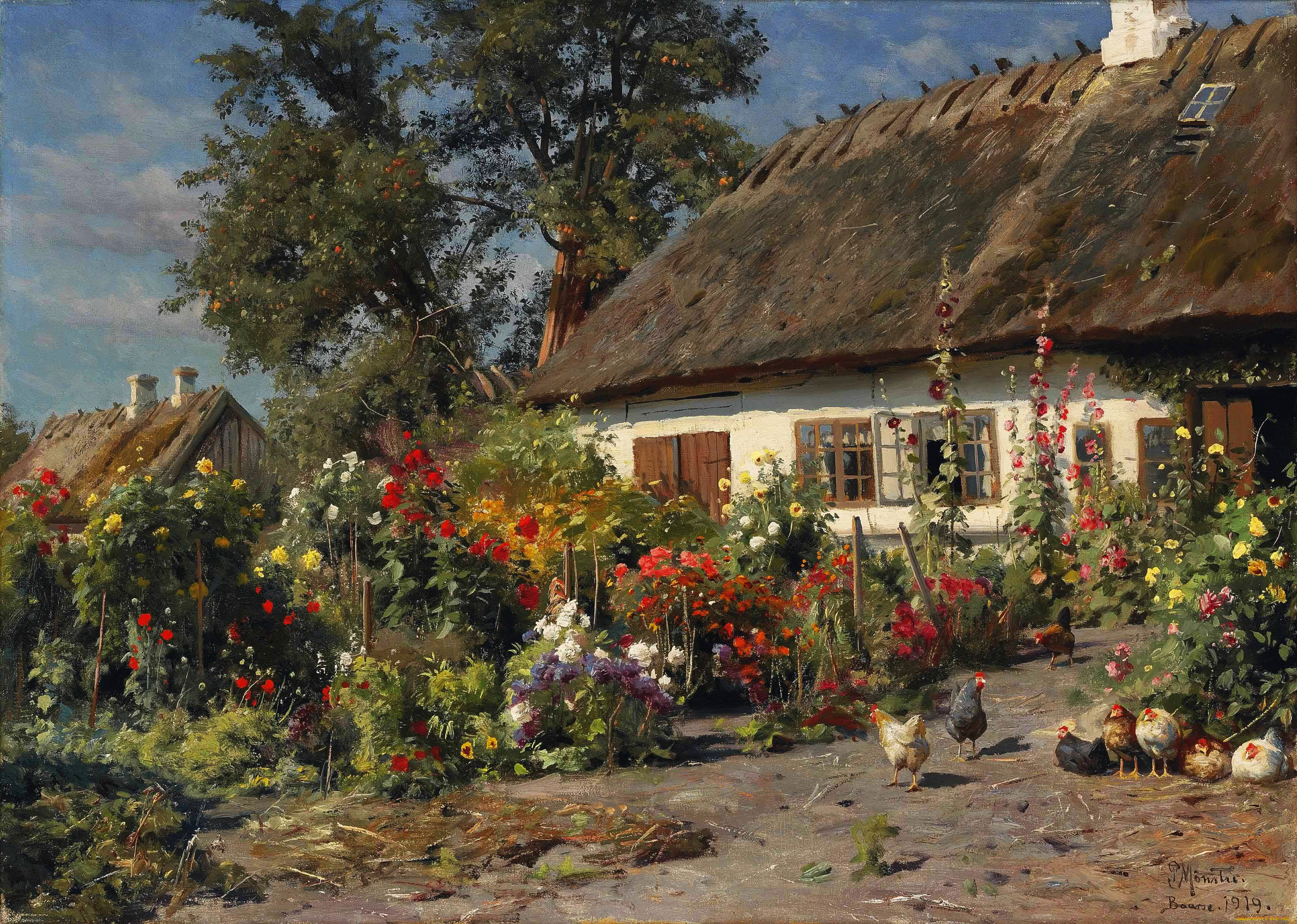 рисованное, живопись, peder, monsted, дом, хижина, куры, цветы, 1919