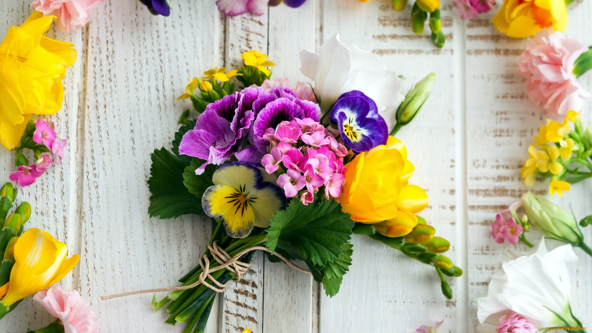 цветы, букеты, , композиции, глазки, герань, анютины, фрезия