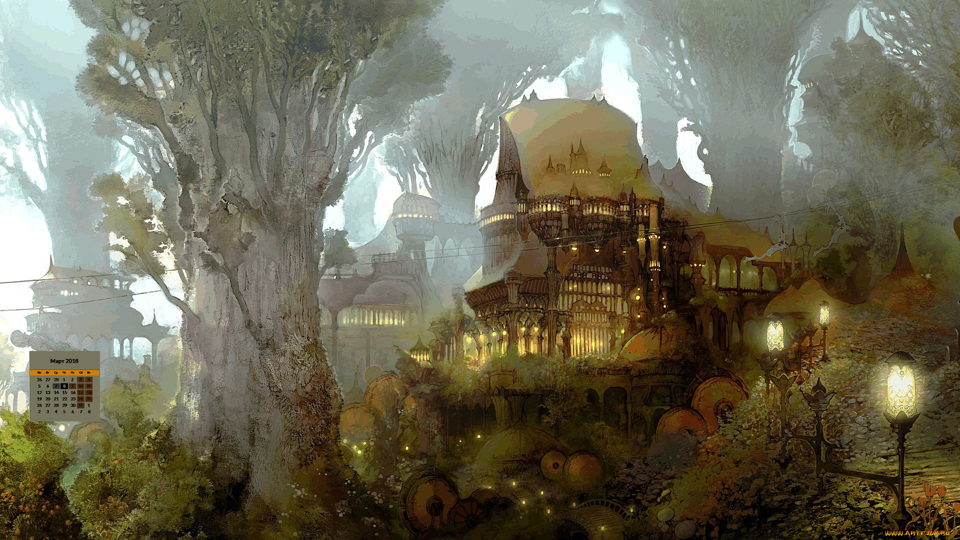 календари, фэнтези, 2018, дом, фонарь, деревья