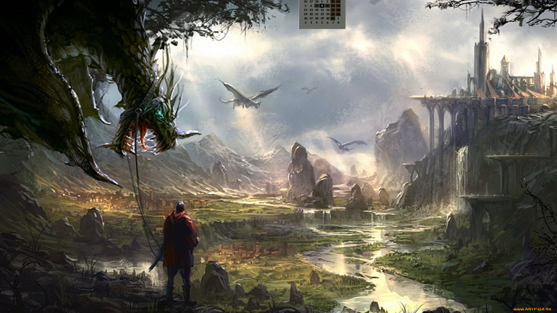 календари, фэнтези, 2018, дракон, человек, водоем