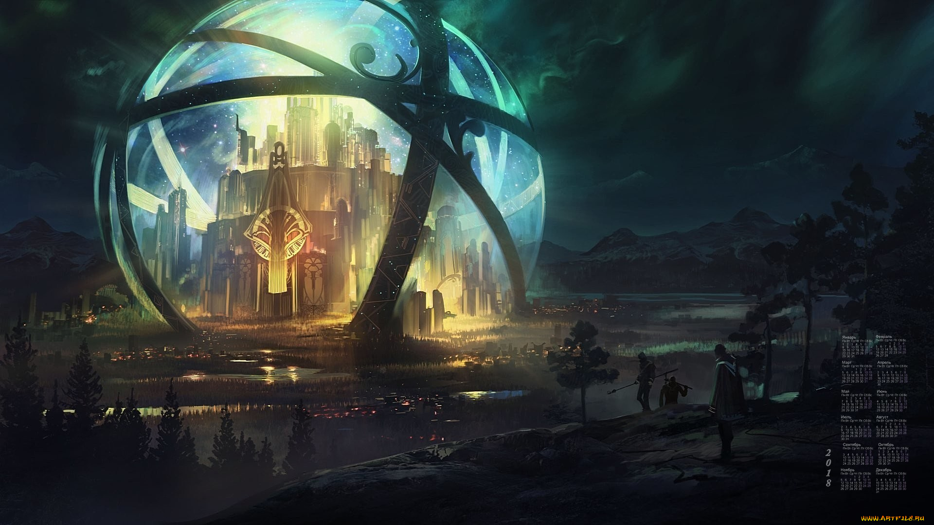 календари, фэнтези, 2018, сооружение, человек, ночь, природа