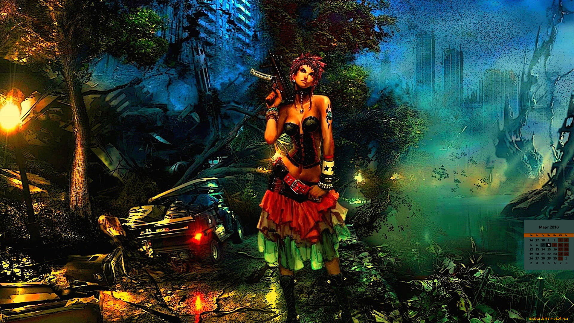 календари, фэнтези, 2018, взгляд, девушка, оружие, деревья