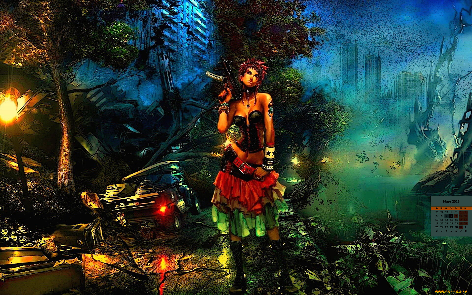 календари, фэнтези, 2018, взгляд, девушка, оружие, деревья