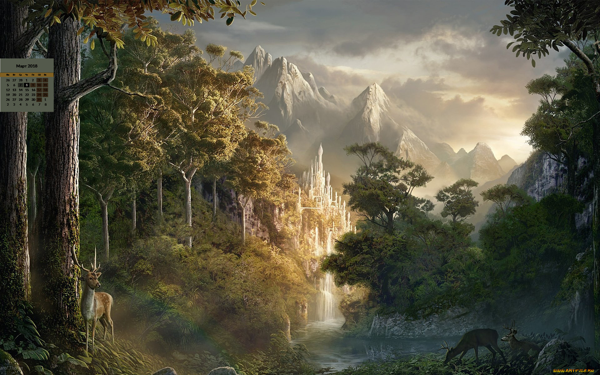календари, фэнтези, олень, деревья, гора, 2018