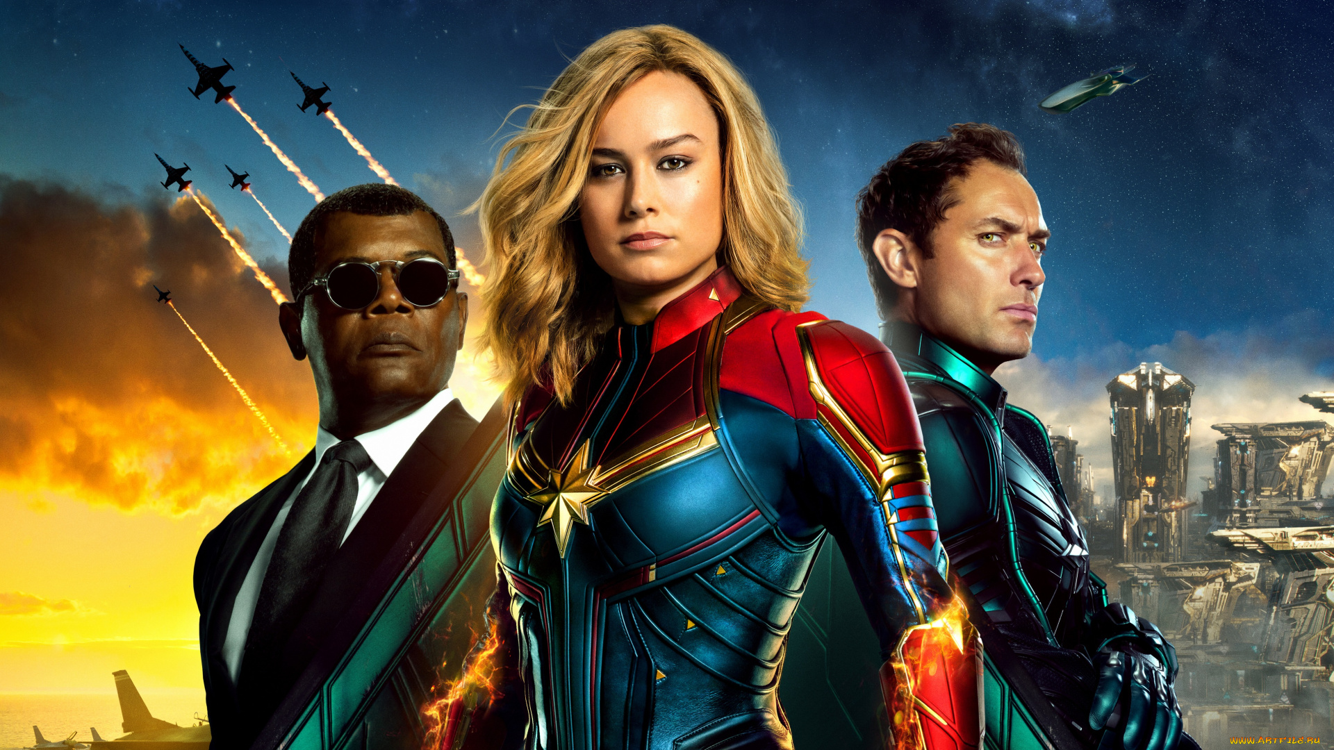 captain, marvel, , 2019, кино, фильмы, captain, marvel, фантастика, сaptain, marvel, brie, larson, samuel, l, jackson, jude, law, постер
