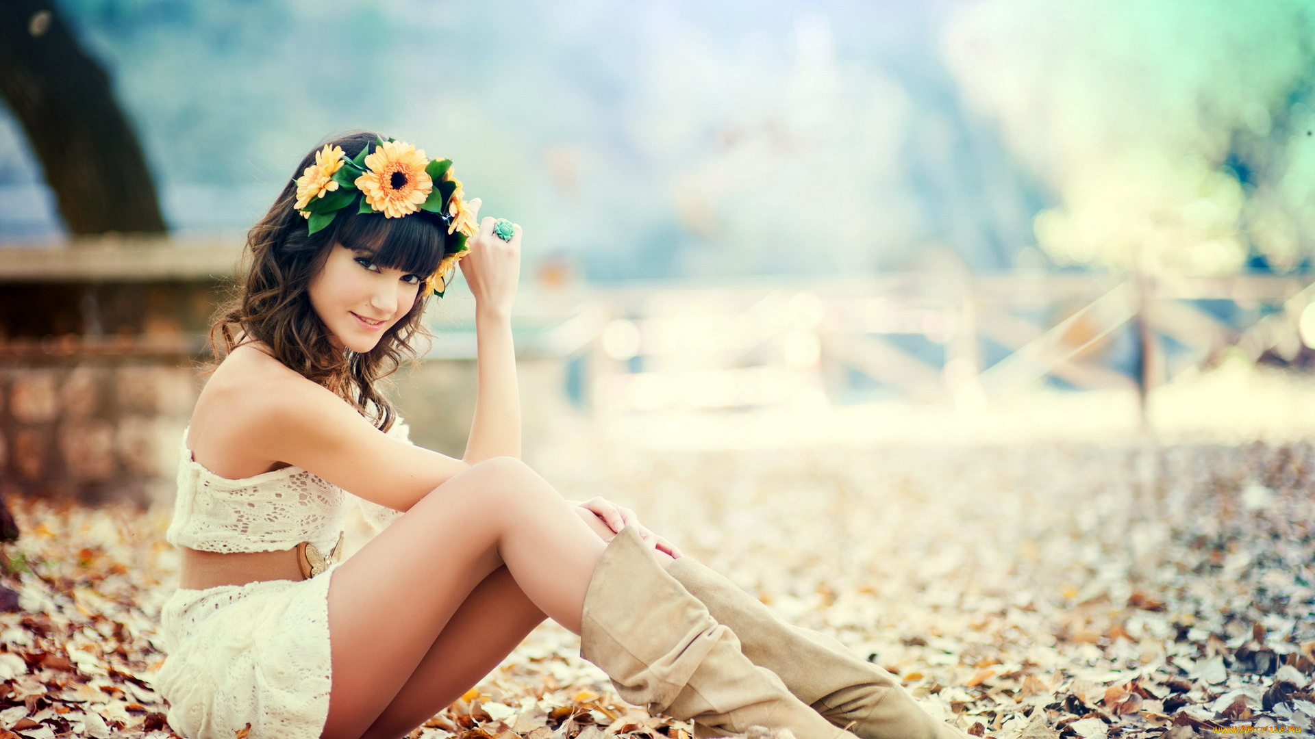 девушки, almudena, navarro, венок, almudena, navarro, топ, юбка, сапоги, листья