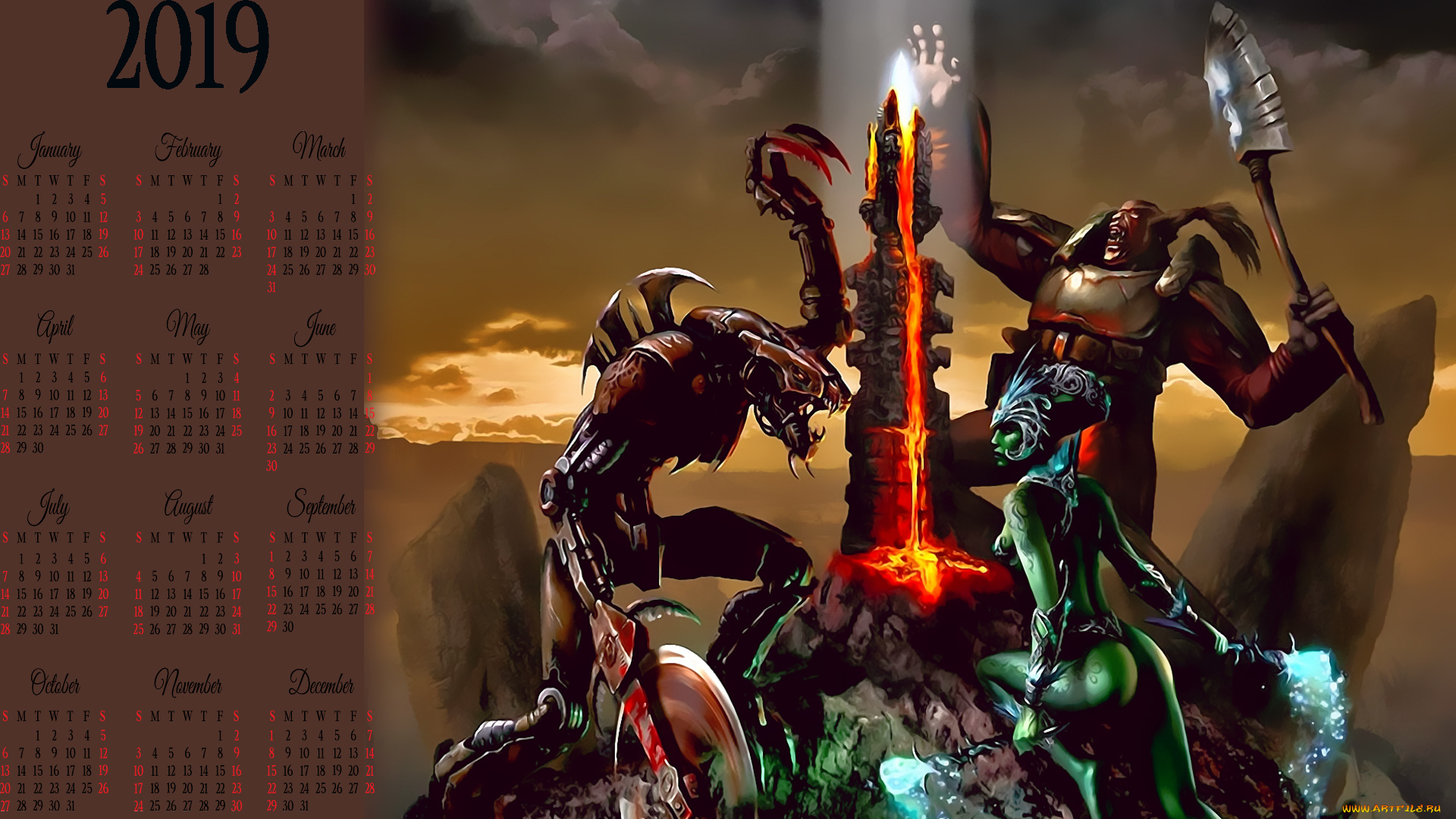 календари, видеоигры, девушка, существо, оружие