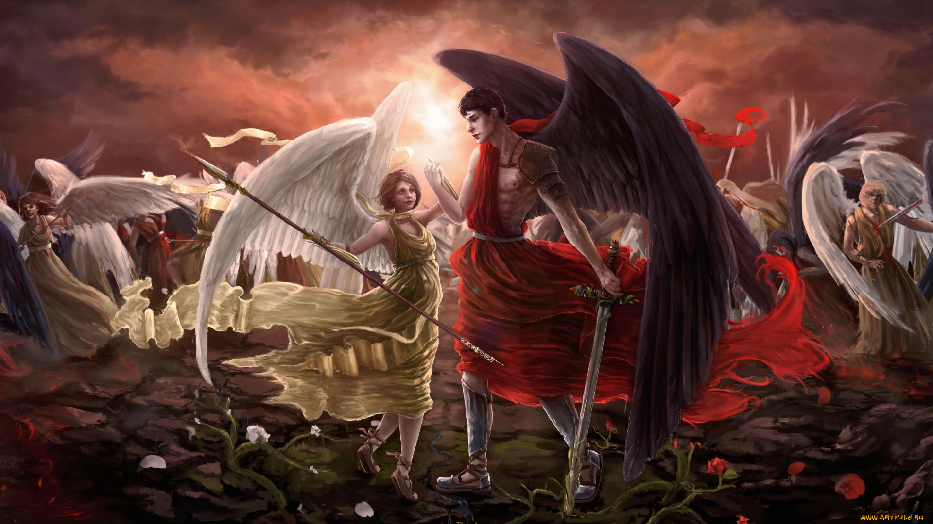 фэнтези, ангелы, оружие, бой, фон, мужчина, девушка