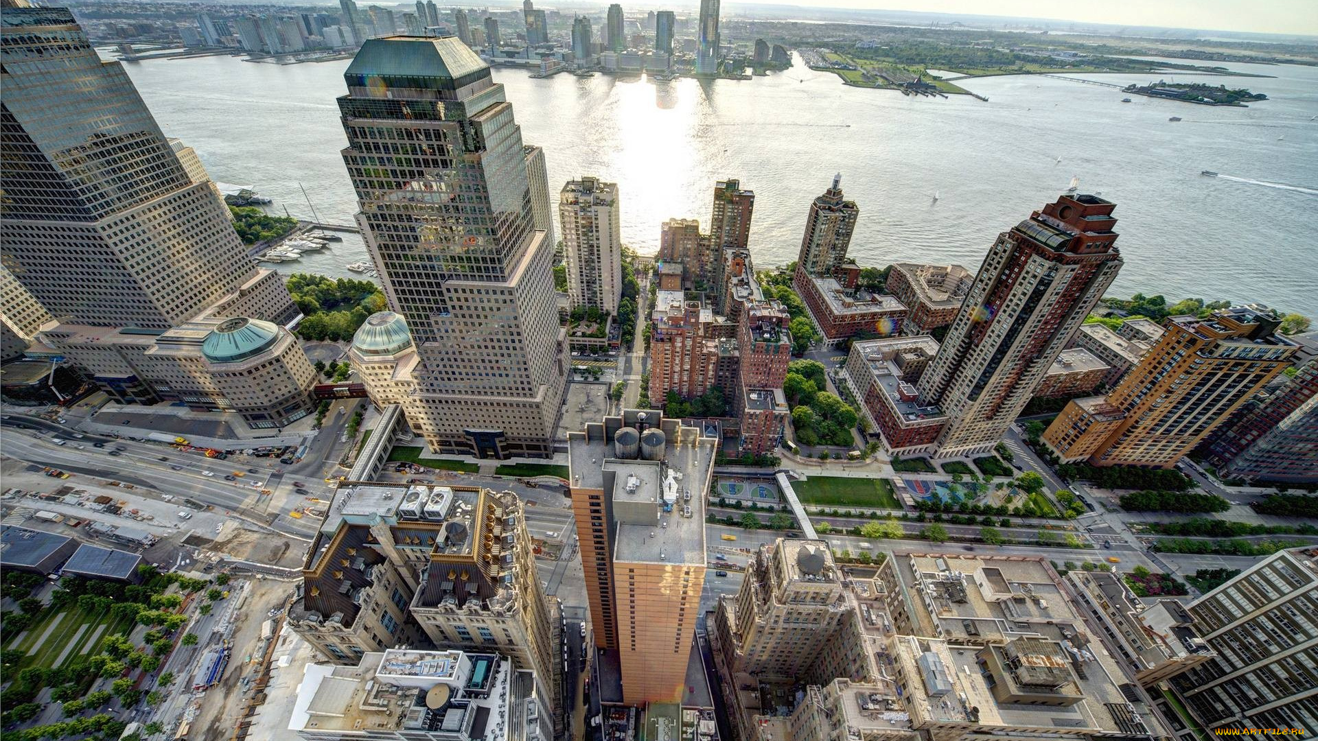 города, нью-йорк, , сша, городской, вид, манхэттен, строительство, небо, дорога, вода, море, с, высоты, птичьего, полета