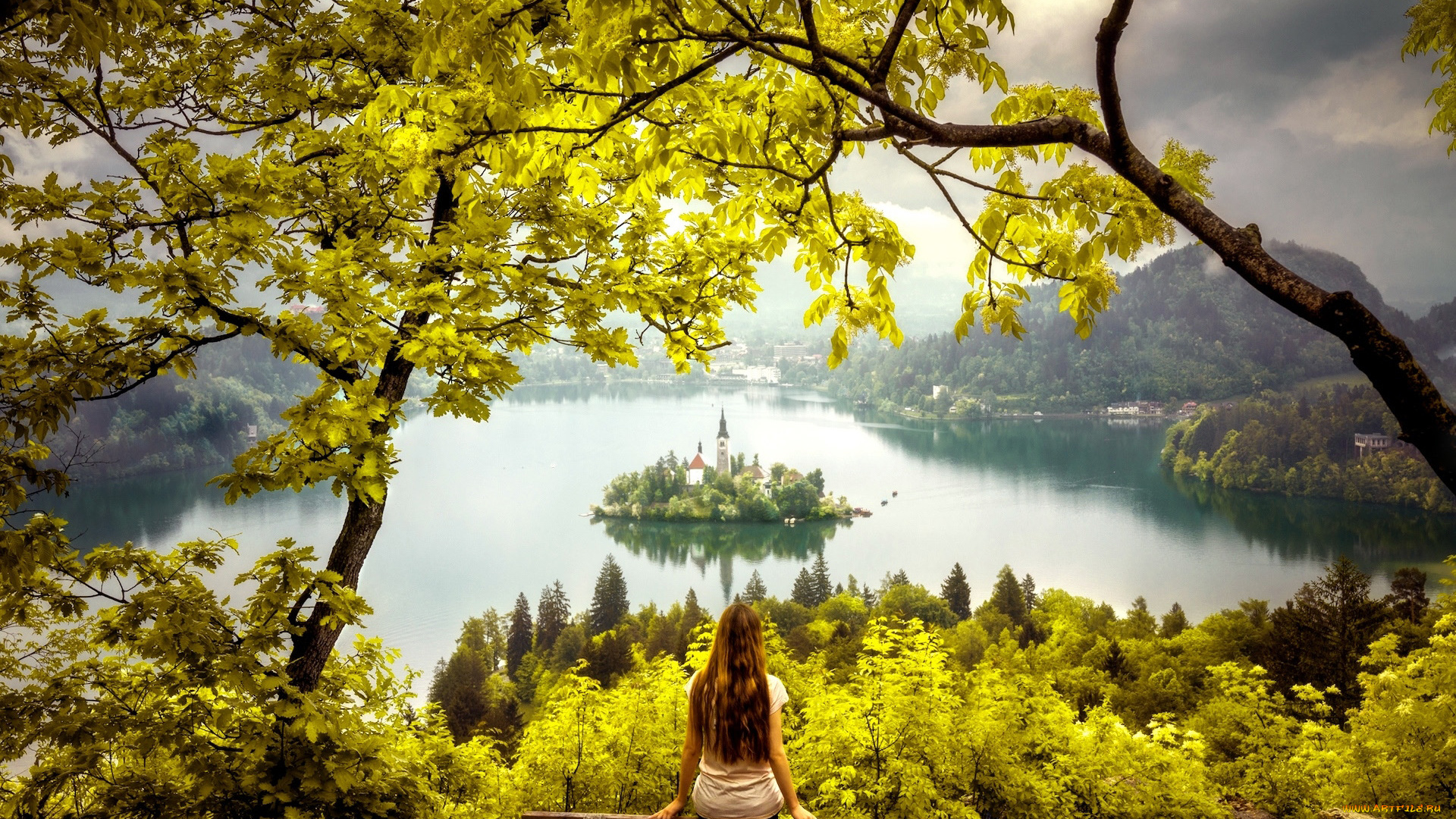 города, блед, , словения, горы, озеро, панорама