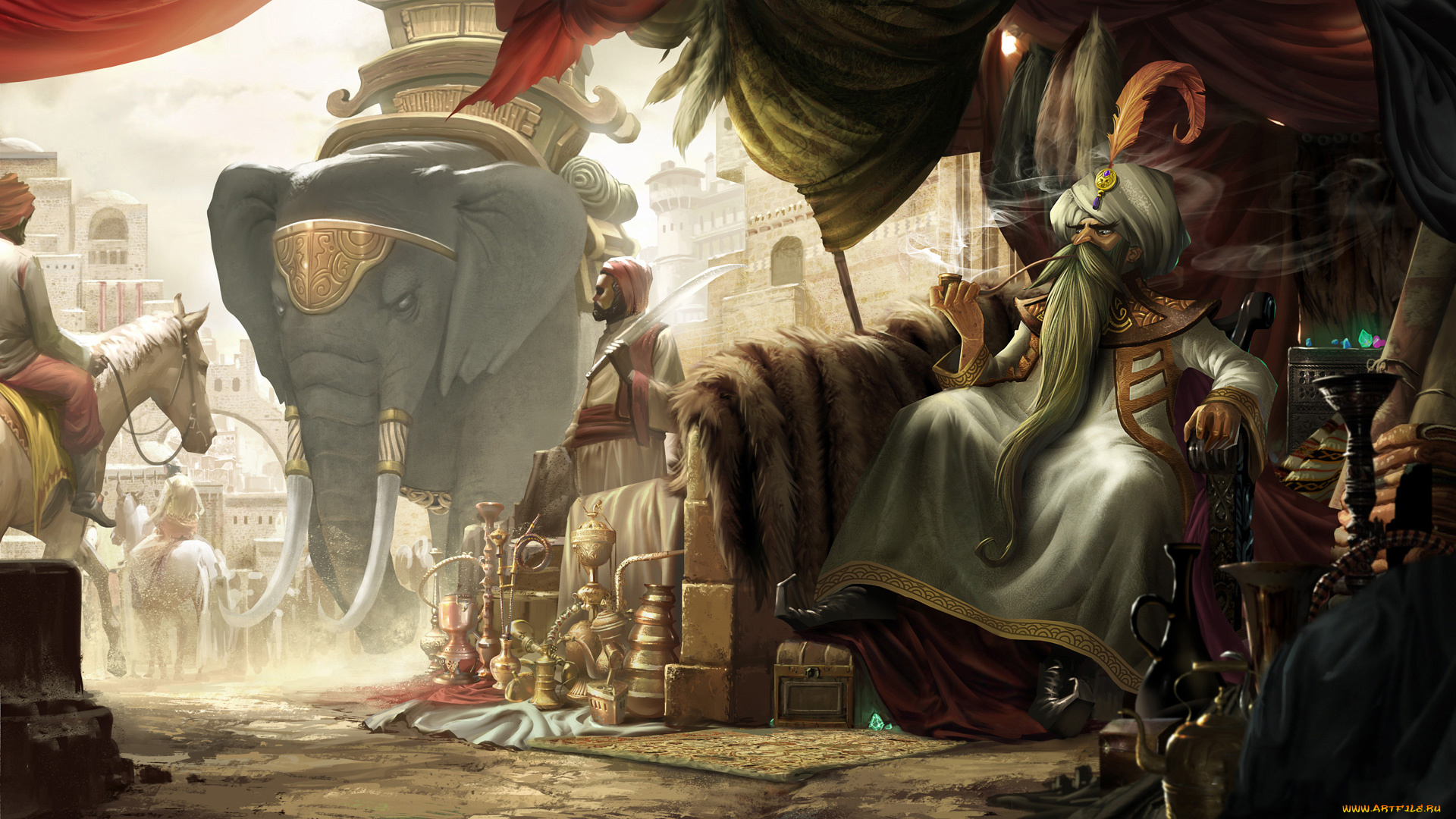 рисованное, люди, слон, город, фон, старик