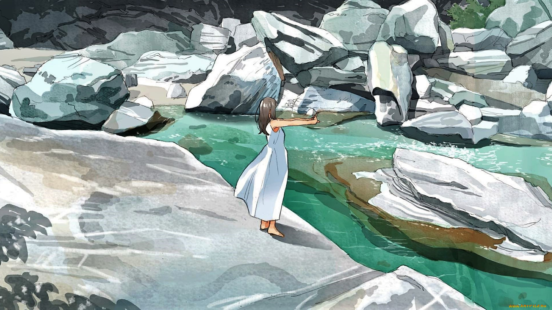 аниме, пейзажи, , природа, девушка, река, камни