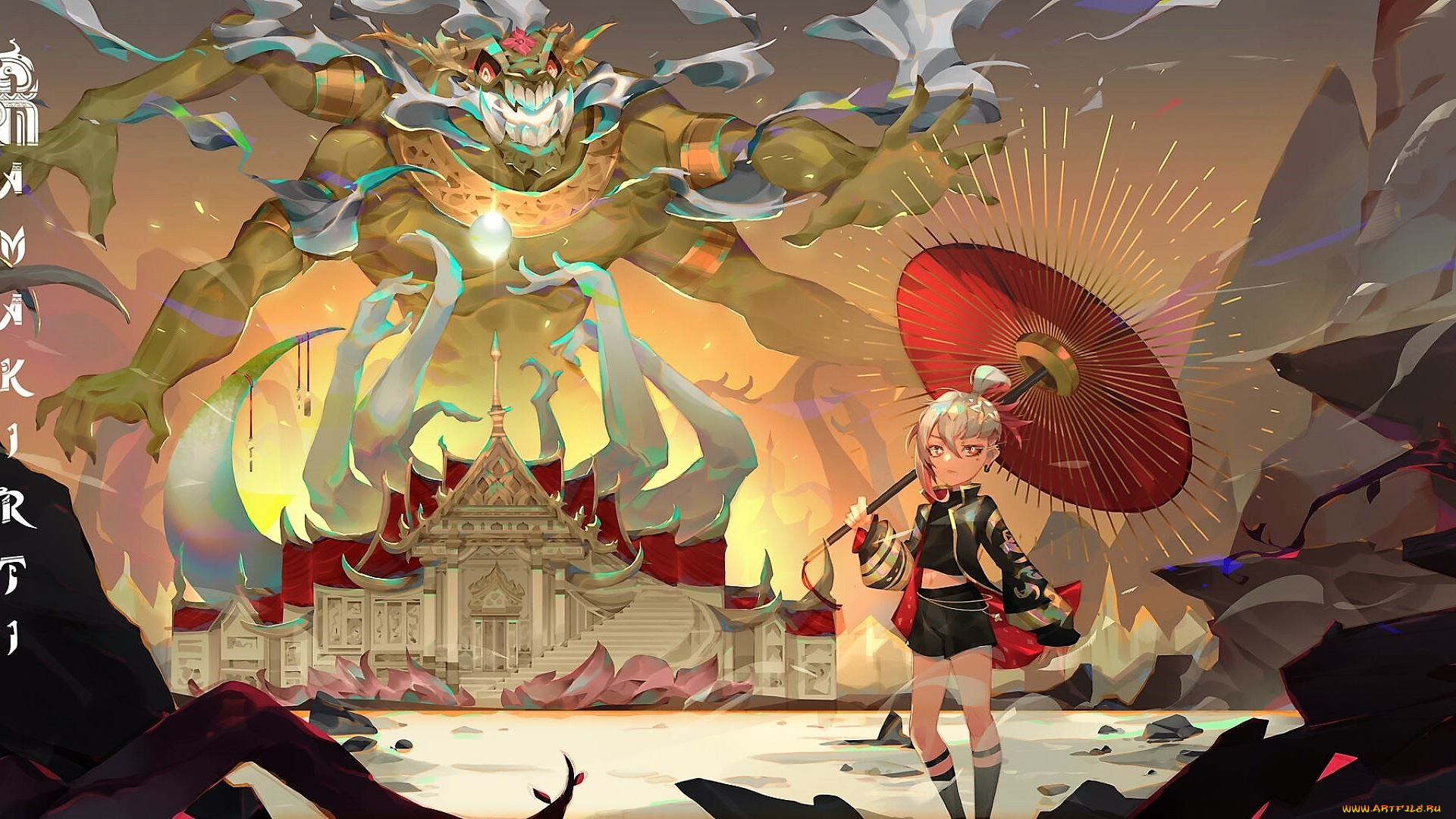 аниме, животные, , существа, девочка, зонт, озеро, дворец, монстр