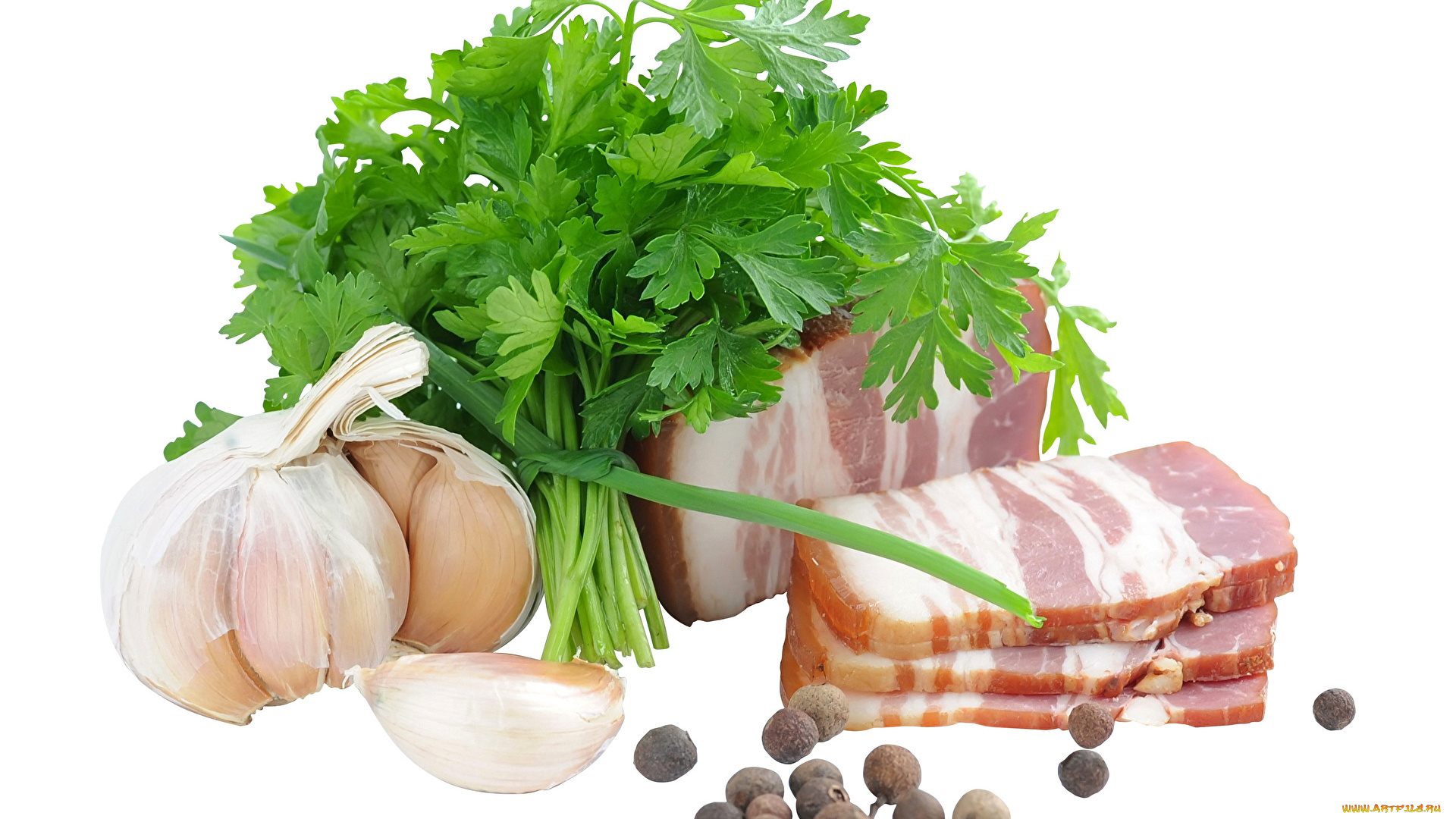 еда, колбасные, изделия, петрушка, копченое, сало, чеснок, перец
