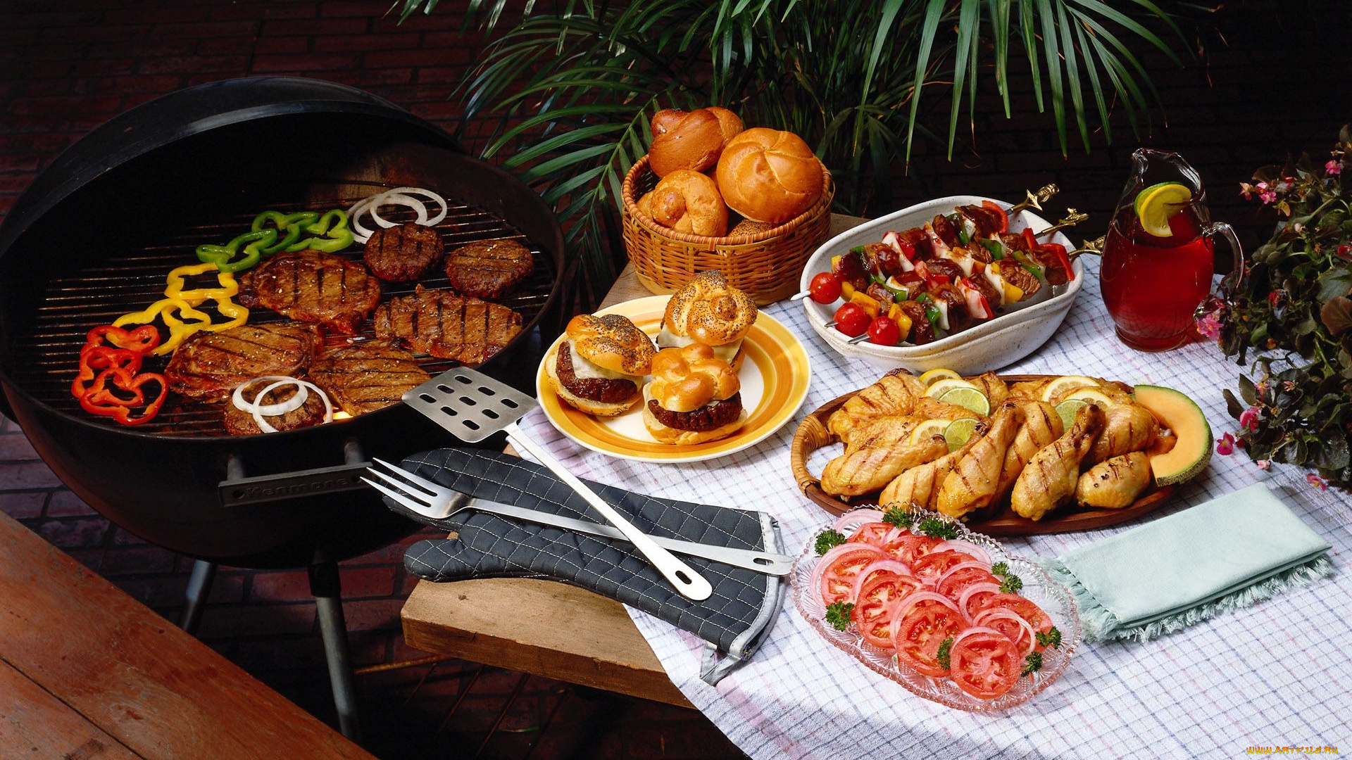 еда, разное, мясо, перец, помидоры, гамбургеры, шашлык