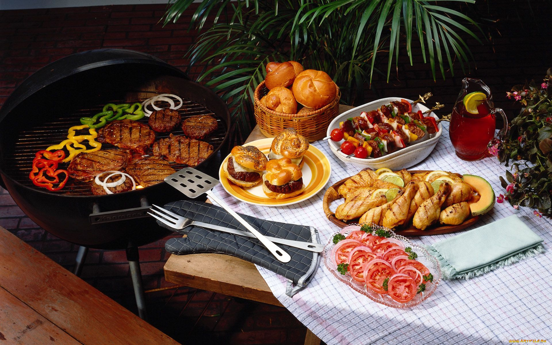 еда, разное, мясо, перец, помидоры, гамбургеры, шашлык